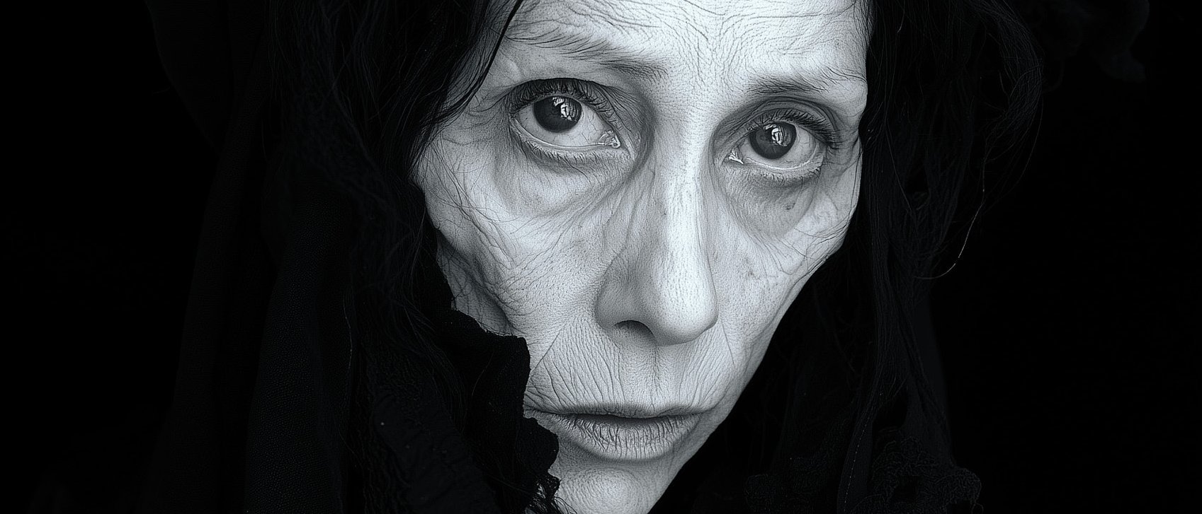 Ein Graustufenporträt einer älteren Frau mit tiefen Falten, ausdrucksstarken Augen und feierlichem Gesichtsausdruck, die ein dunkles Kopftuch trägt, das ihr Gesicht vor einem schwarzen Hintergrund einrahmt.