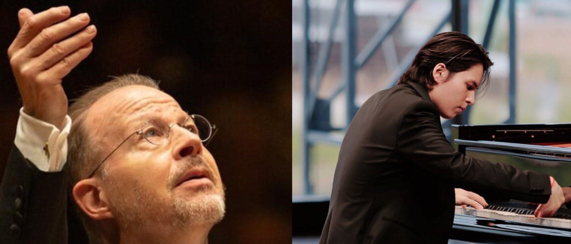 Links gestikuliert ein Dirigent leidenschaftlich, während rechts ein Pianist in einem schwarzen Anzug am Flügel spielt – beide in einem formellen Konzertsaal.