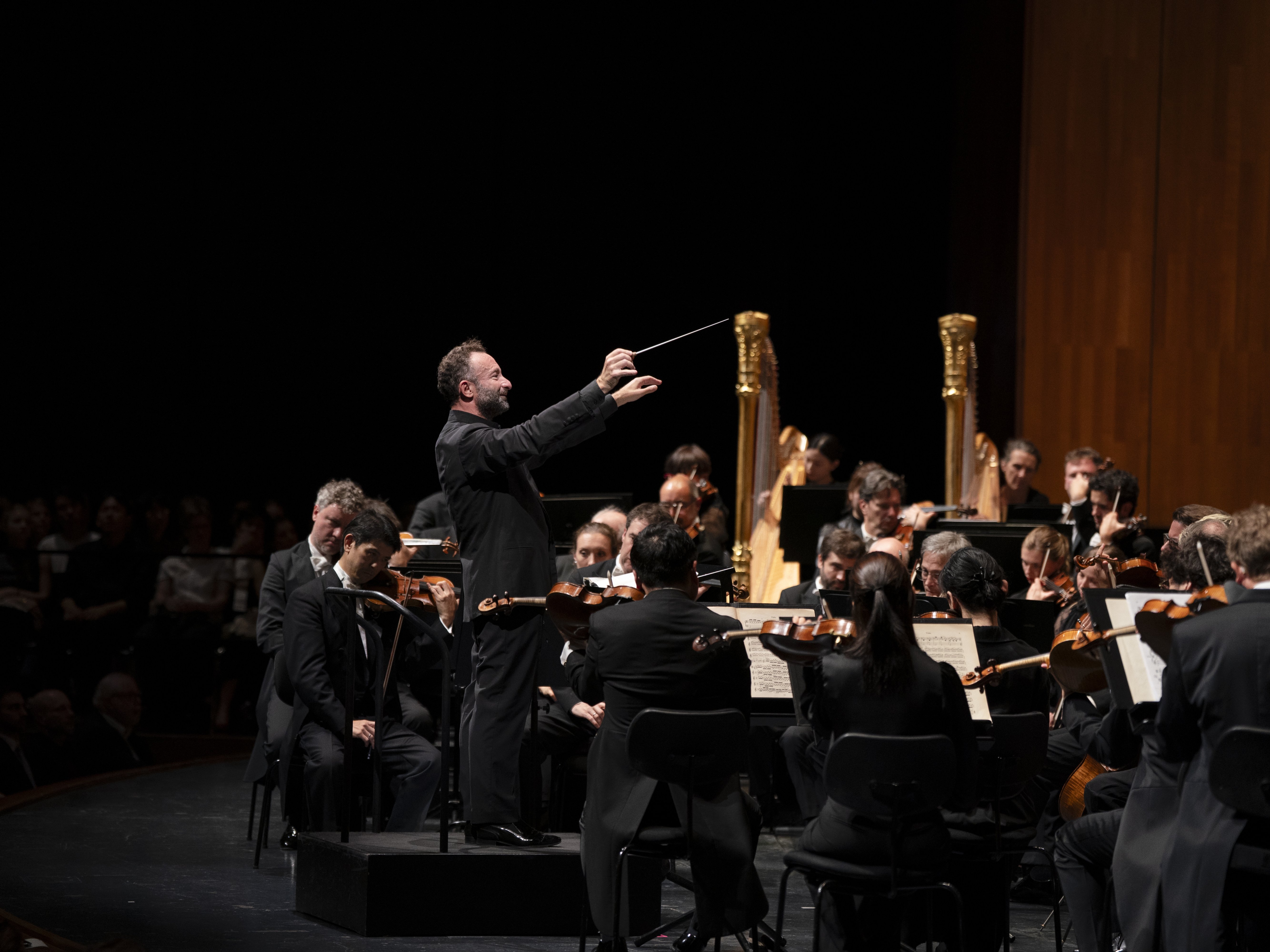 A conductor leads an orchestra performance on stage. Musicians play various instruments, including strings and harps. The audience sits in the darkened background, watching the performance.