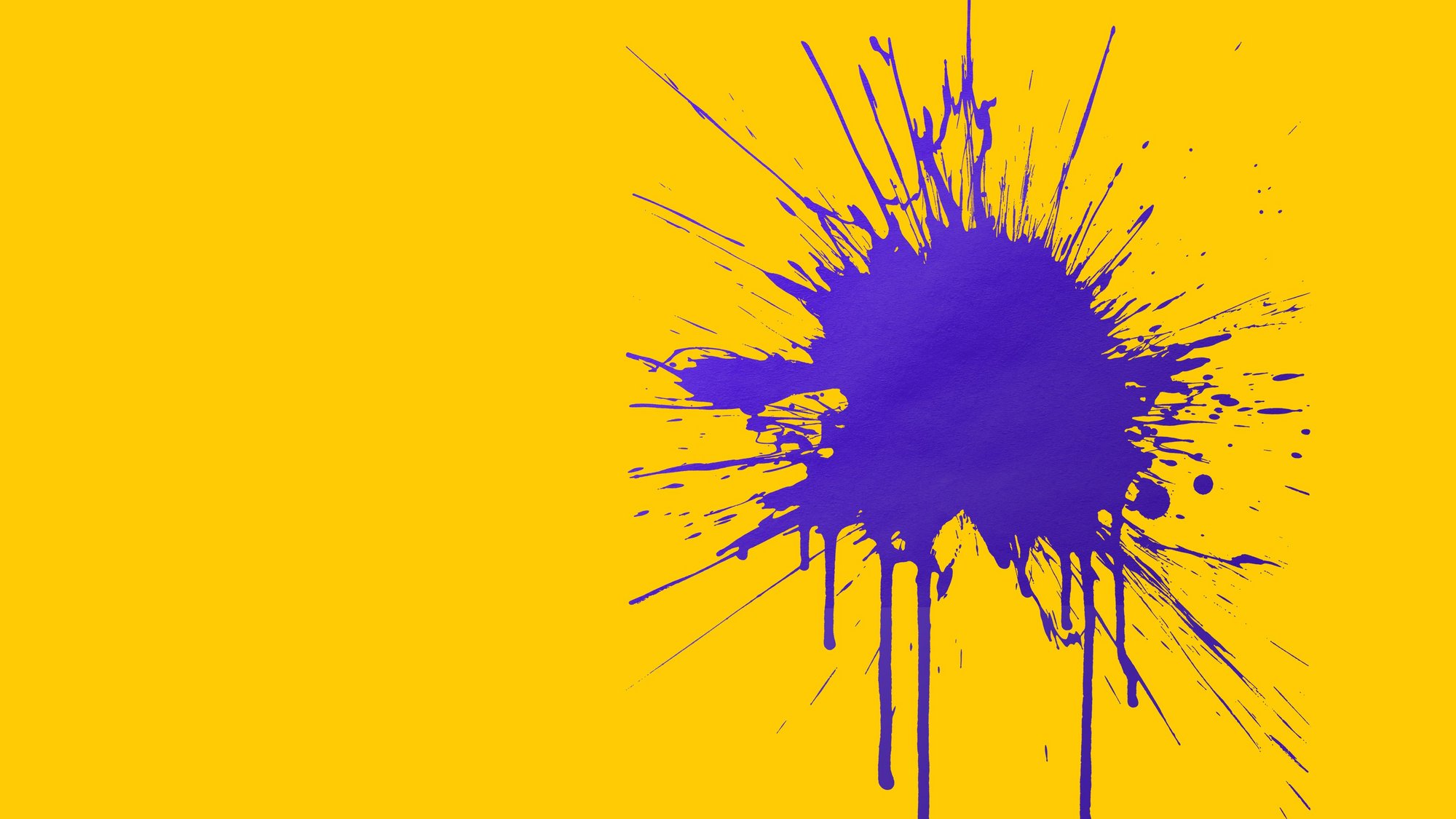 A bold purple paint splatter with drips spreads out on a bright yellow background, creating a striking contrast with ample empty space on the left side of the image.