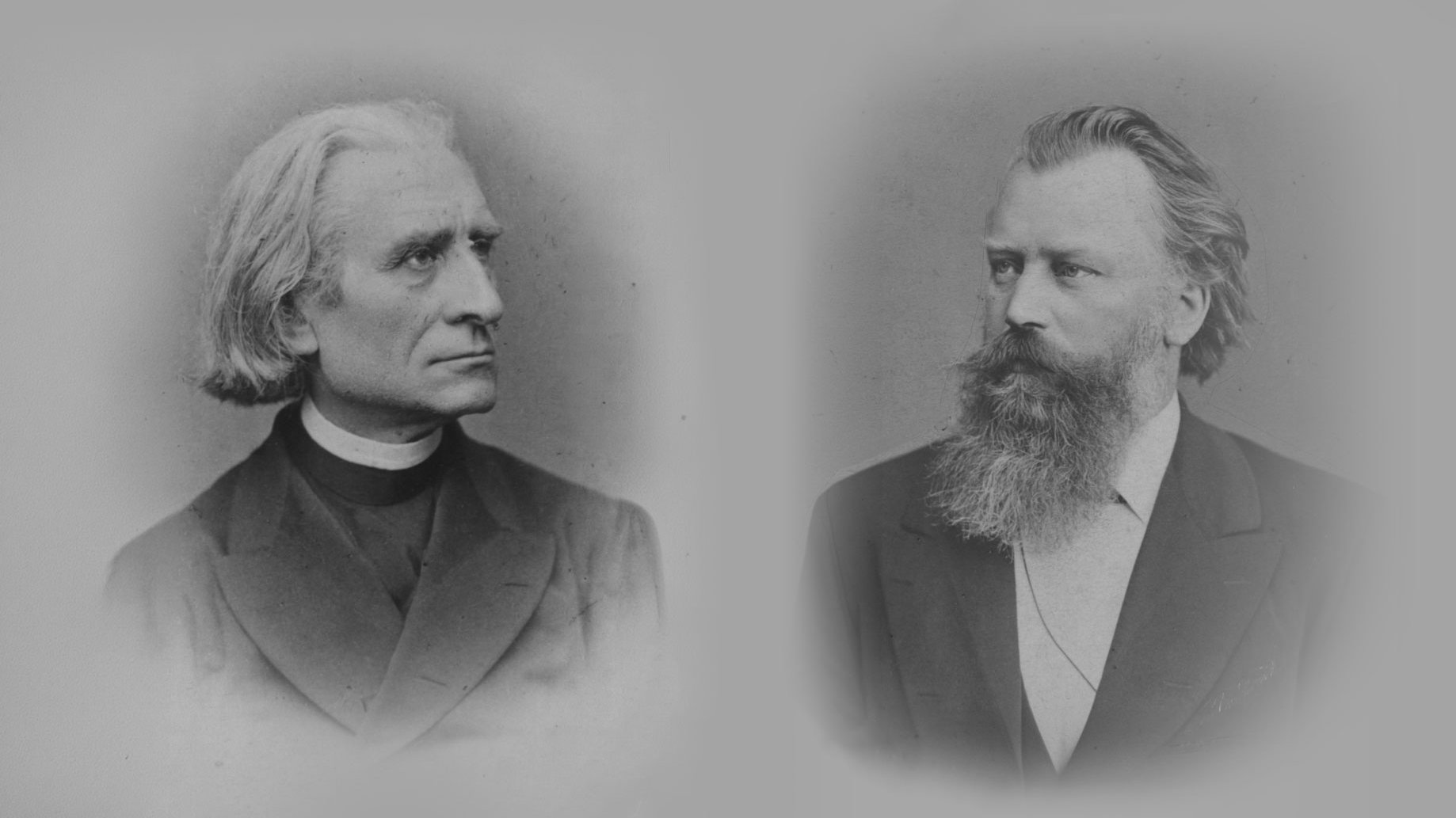 Two black-and-white portraits of Franz Liszt and Johannes Brahms in formal clothing, each facing toward the center. Liszt on the left has longer white hair, and Brahms on the right has a full beard and mustache.