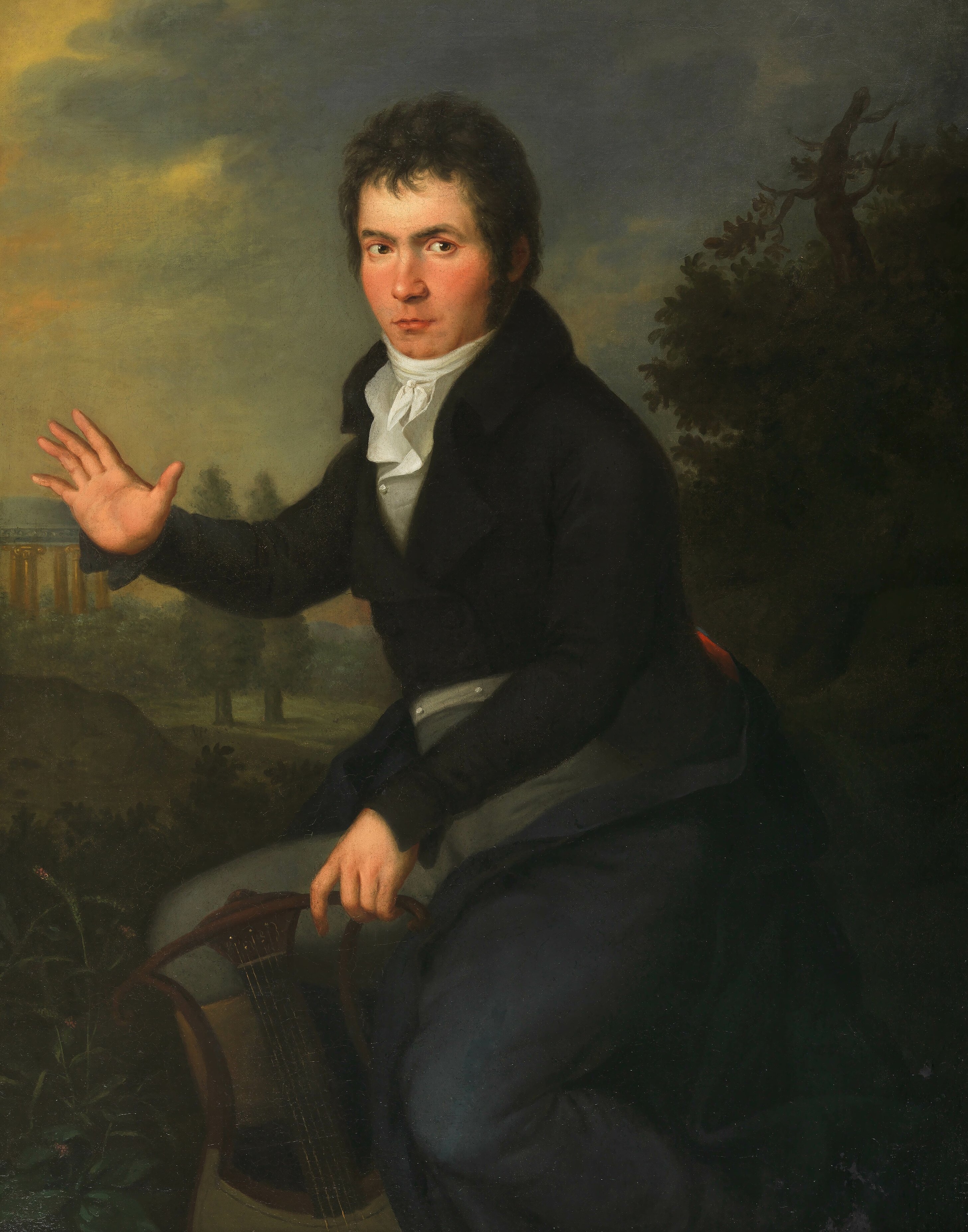 Gemaltes Porträt eines Mannes in dunkler Kleidung, der im Freien sitzt, eine Hand hebt und einen ernsten Gesichtsausdruck hat. Er hält eine Leier in der Hand, und im Hintergrund ist eine Landschaft mit Bäumen und einem bewölkten Himmel zu sehen.