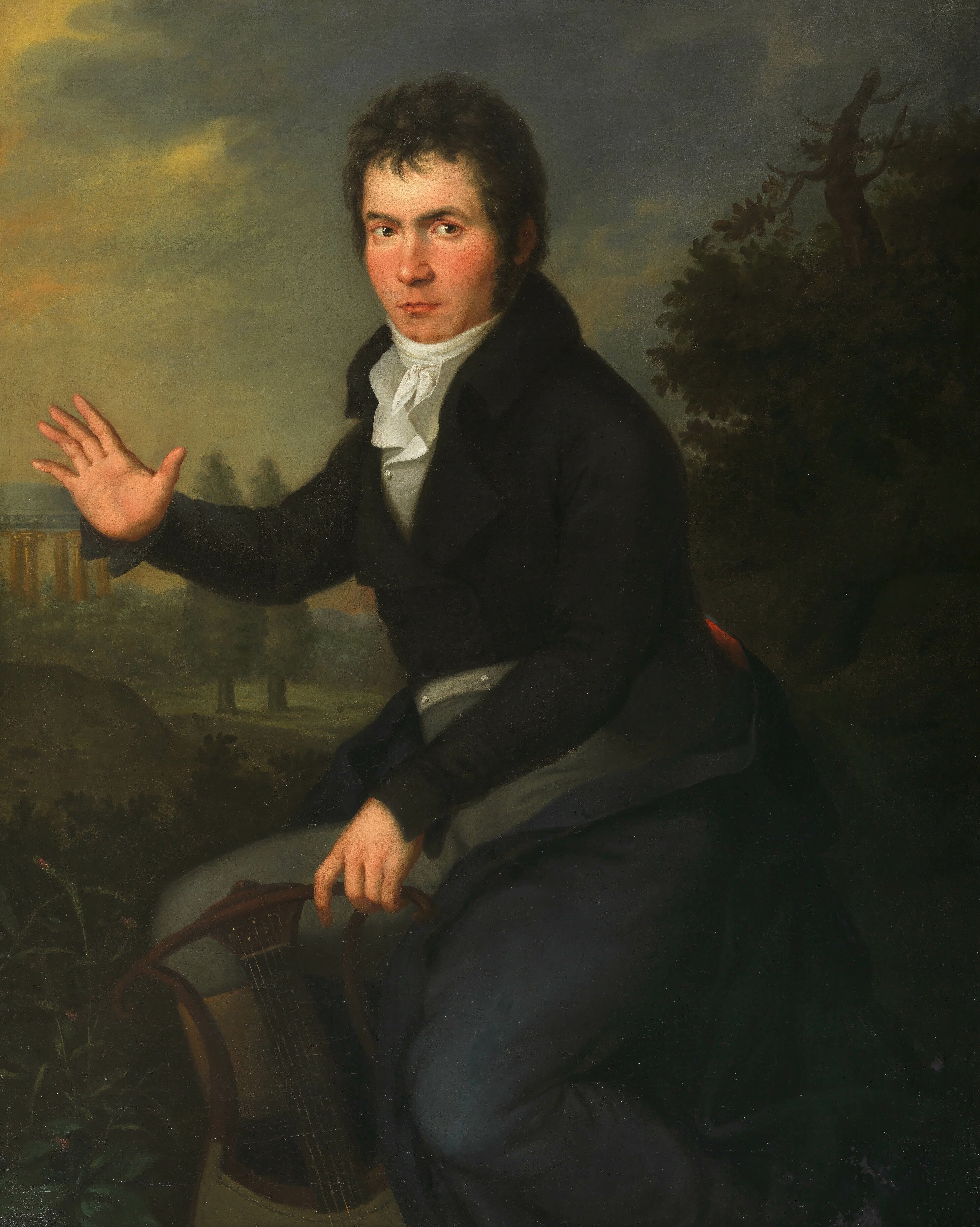 A classical oil painting of a seated man in dark formal attire with a white cravat, holding a lyre, gesturing with one hand, set against a scenic outdoor background, in an ornate gold frame.