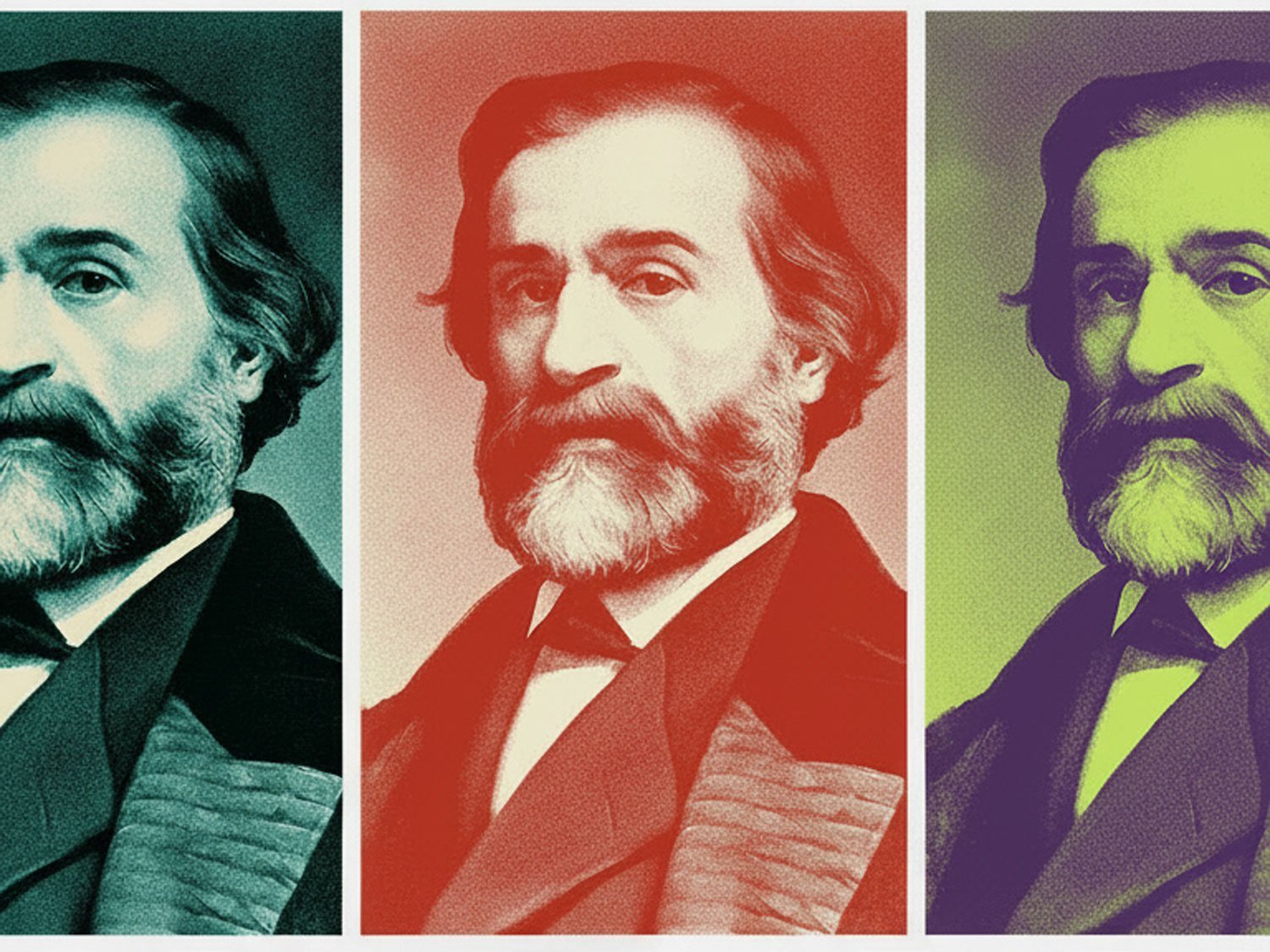 Drei nebeneinander angeordnete Porträts desselben bärtigen Mannes in formeller Kleidung, die jeweils in einer anderen Farbe getönt sind: Blau, Rot und Grün – was an einen Pop-Art- oder Warhol-Effekt erinnert.