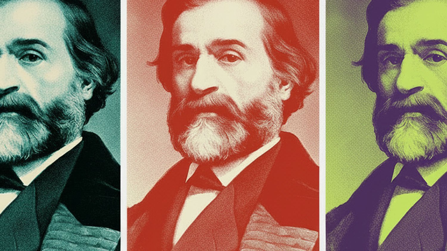 Drei nebeneinander angeordnete Porträts desselben bärtigen Mannes in formeller Kleidung, die jeweils in einer anderen Farbe getönt sind: Blau, Rot und Grün – was an einen Pop-Art- oder Warhol-Effekt erinnert.