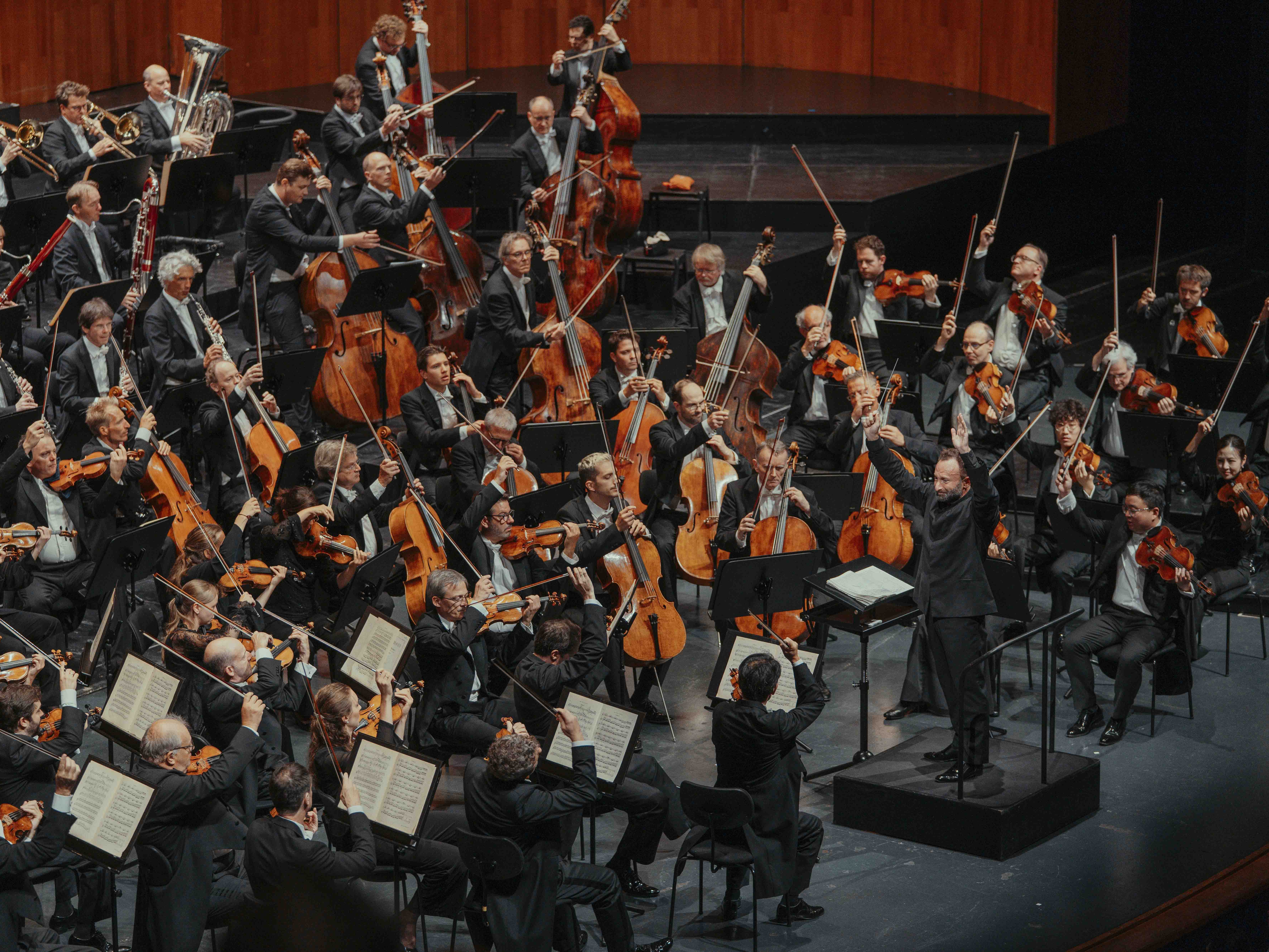 A large symphony orchestra performs on stage, with musicians playing strings, brass, and woodwinds, while the conductor stands at the front, leading the ensemble in a concert hall.
