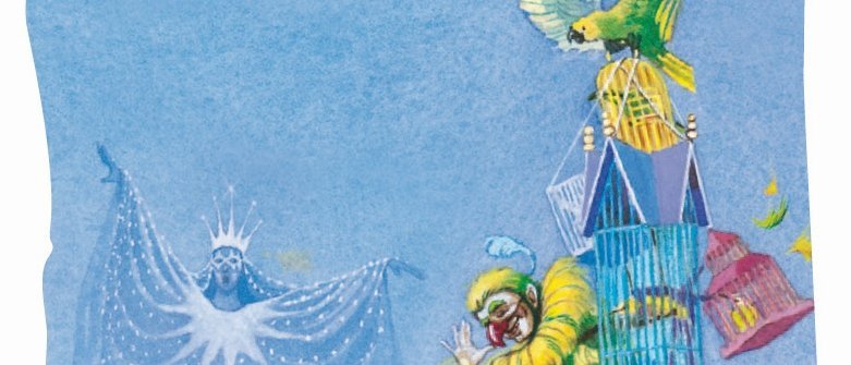 Ein Clown in einem grün-gelben Kostüm trägt einen großen Vogelkäfig auf dem Rücken, während über ihm ein grüner Papagei fliegt. Im Hintergrund erscheint eine geisterhafte, in eine Robe gehüllte Gestalt mit einer Krone.