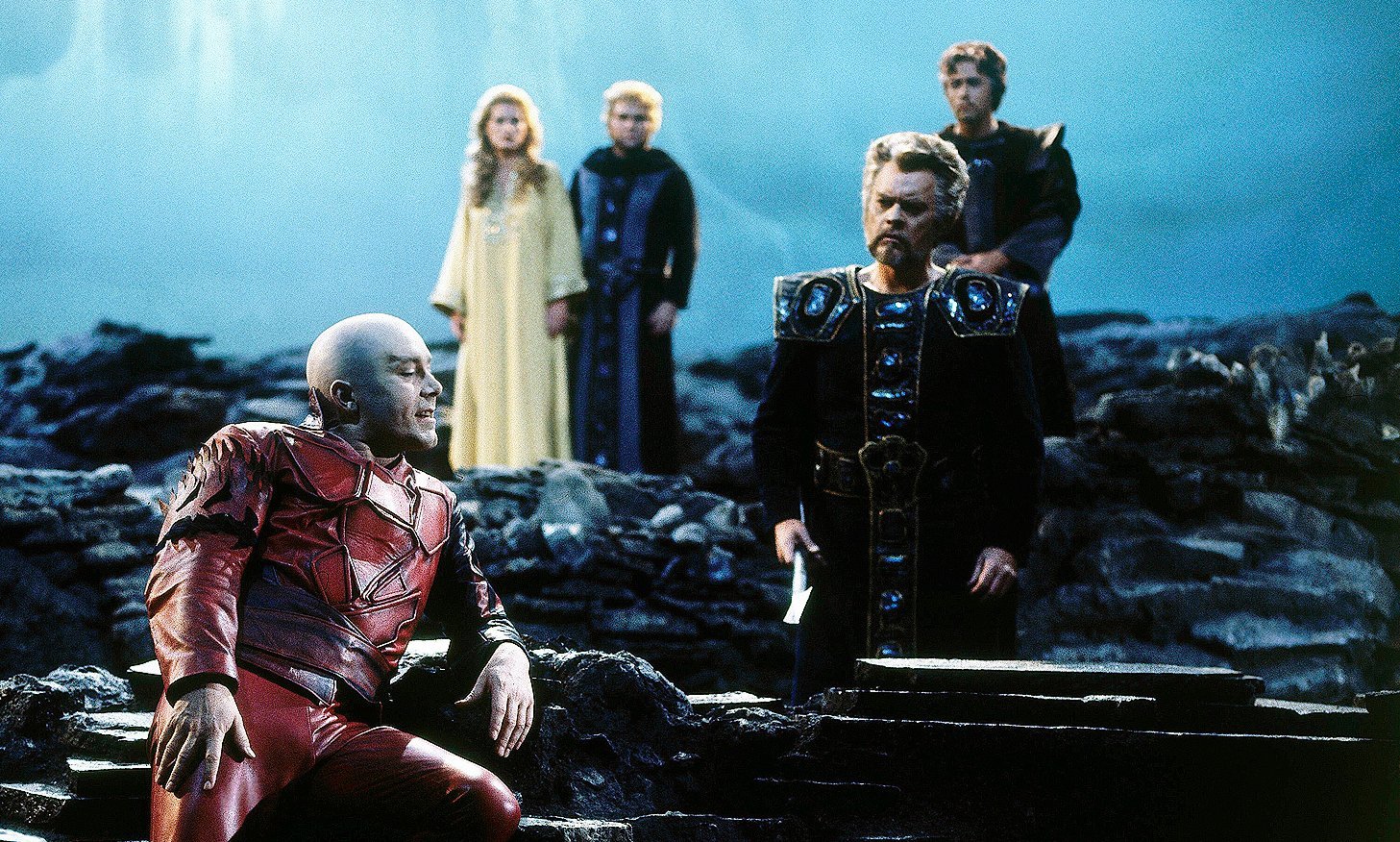 Scene from Wagner’s opera Das Rheingold with singers on stage.