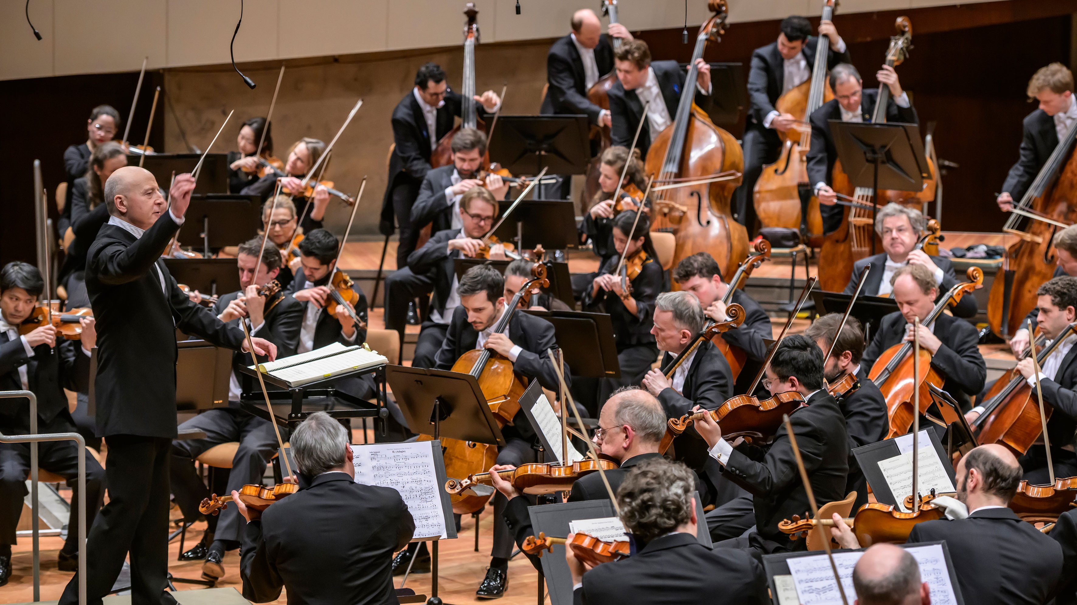 Ein Dirigent leitet ein vollbesetztes Sinfonieorchester, dessen Musiker auf der Bühne eines Konzertsaals Streichinstrumente wie Geigen, Celli und Kontrabässe spielen.