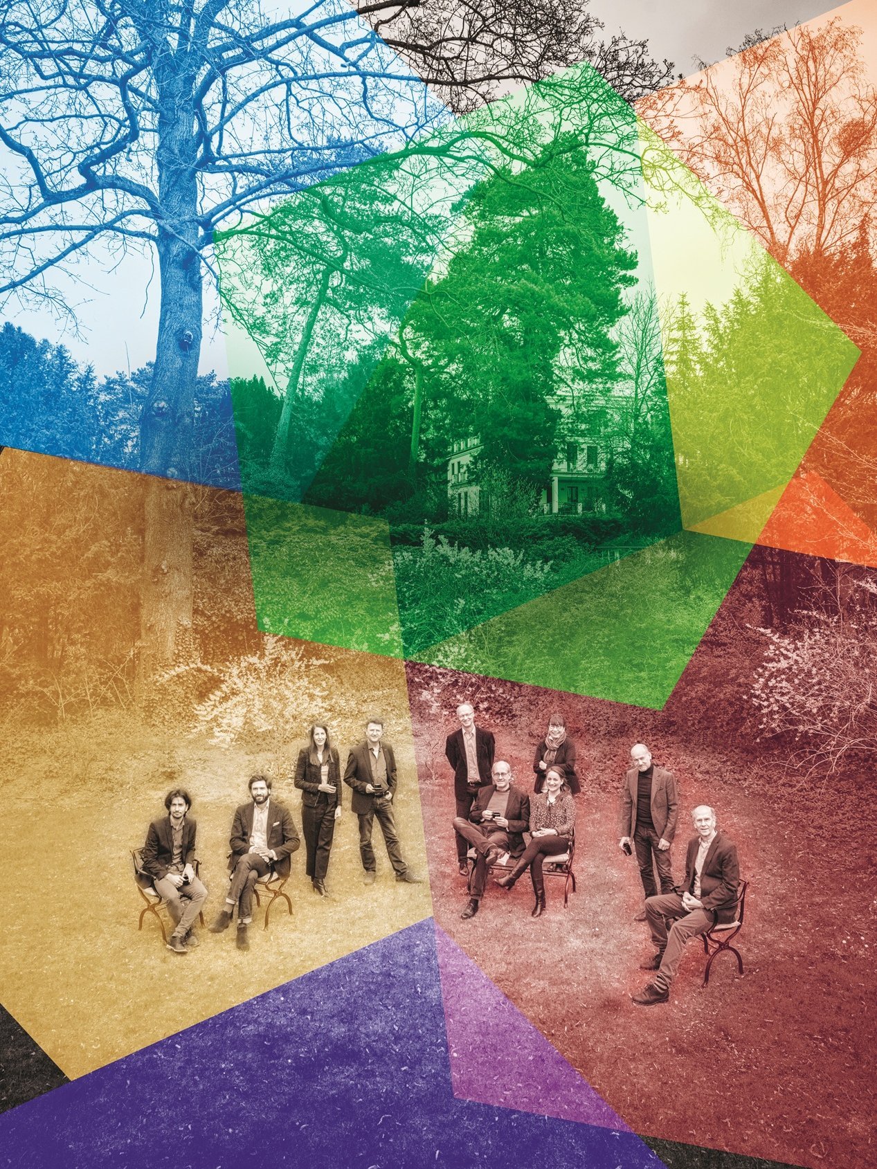 Eight people sit on chairs in an outdoor setting with trees and a building in the background. The image is overlaid with colorful, semi-transparent geometric shapes.