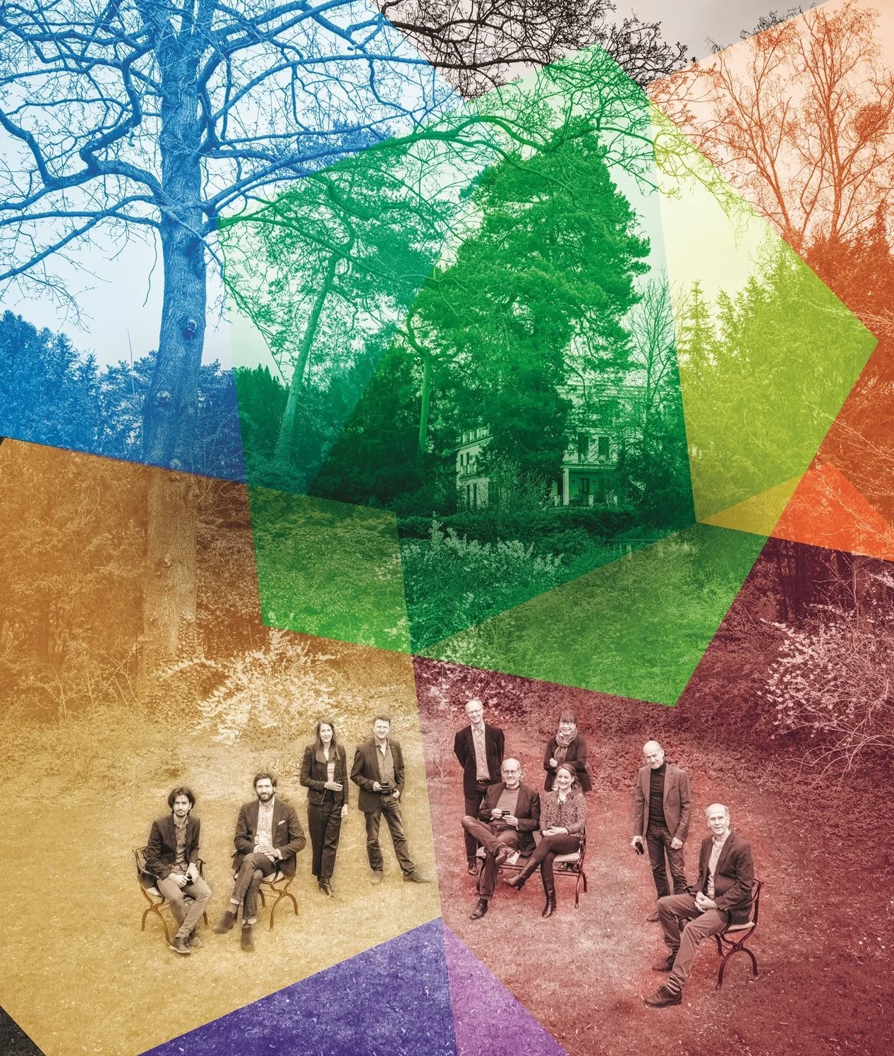 Eight people sit on chairs in an outdoor setting with trees and a building in the background. The image is overlaid with colorful, semi-transparent geometric shapes.