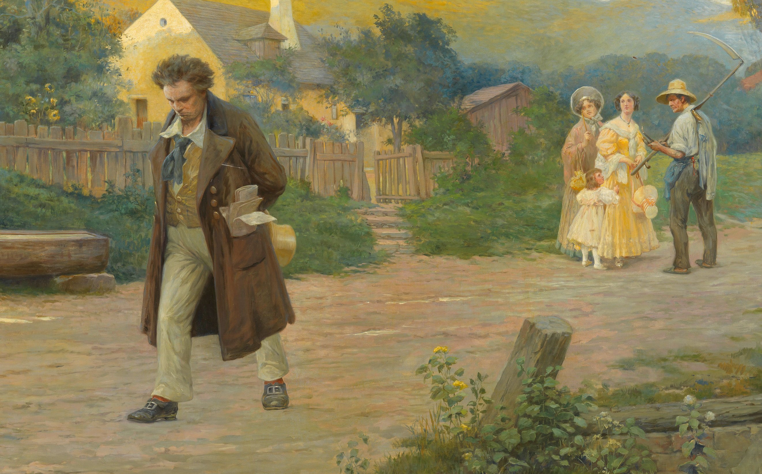 Ein düsterer Mann geht mit einer Zeitung in der Hand einen Weg entlang, während eine fröhliche Familie - Mutter, Vater und zwei Kinder - gemeinsam hinter ihm durch ein ländliches Dorf geht.