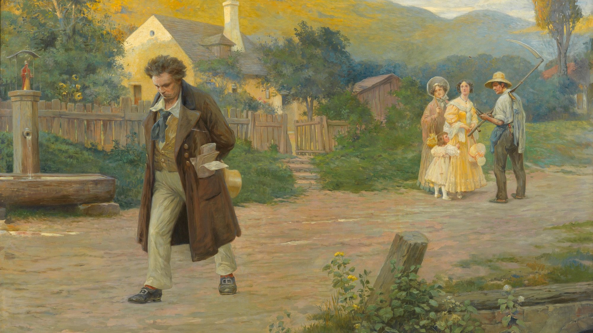 A painting shows a sad man walking alone on a path, carrying papers. Behind him, a cheerful family—man, woman, and two children—walk together near a cottage with hills in the background.