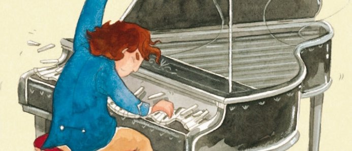 Eine Person mit braunen Haaren spielt voller Energie auf einem Flügel und hebt dabei dramatisch einen Arm, während sie auf einer rot gepolsterten Bank sitzt. Der Flügeldeckel ist geöffnet, und Bewegungslinien verdeutlichen die lebhafte Bewegung.