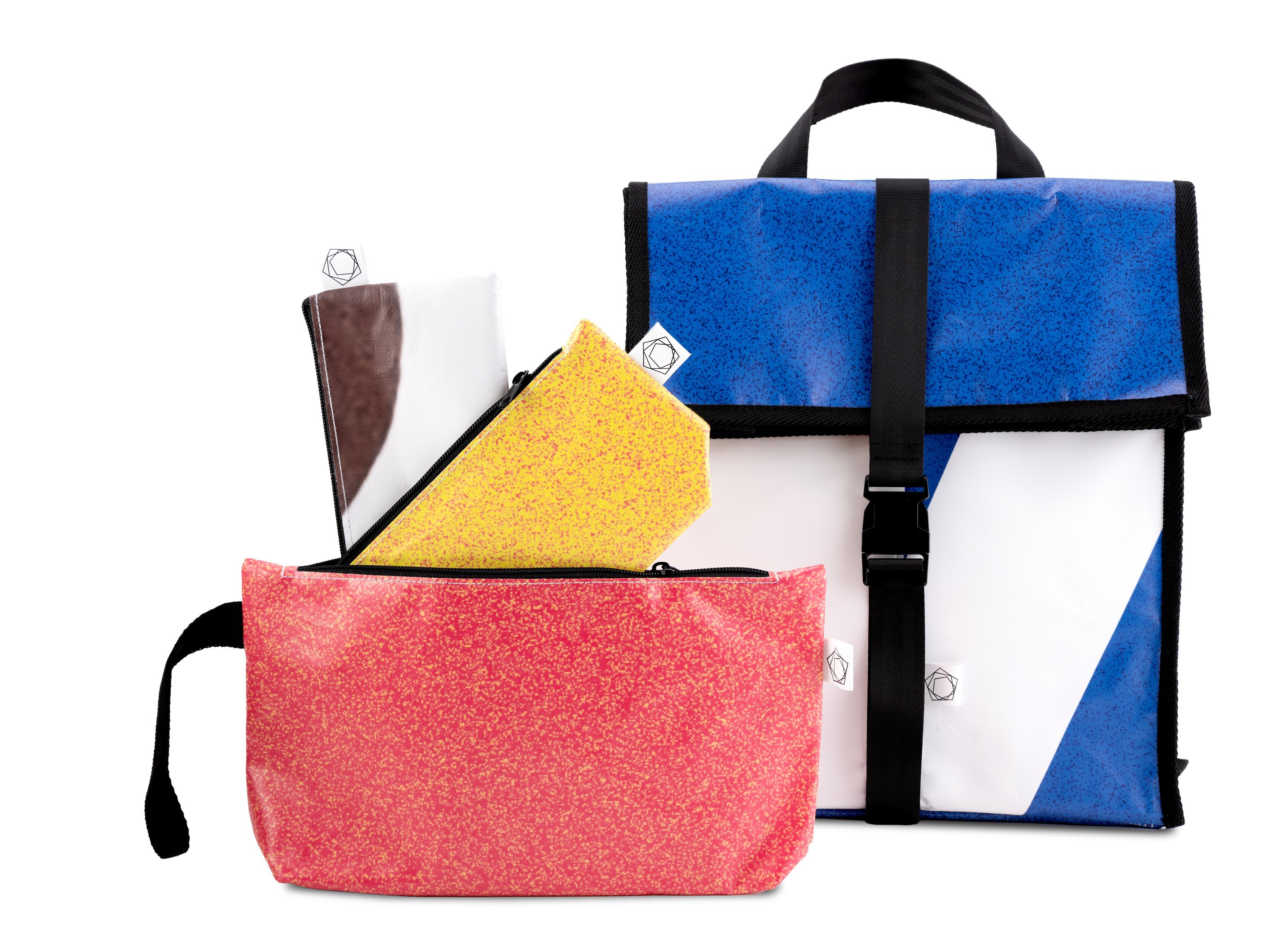Four colorful bags—a red pouch, a yellow zippered pouch, a white-and-brown pouch, and a blue-and-white backpack—are arranged together on a white background.