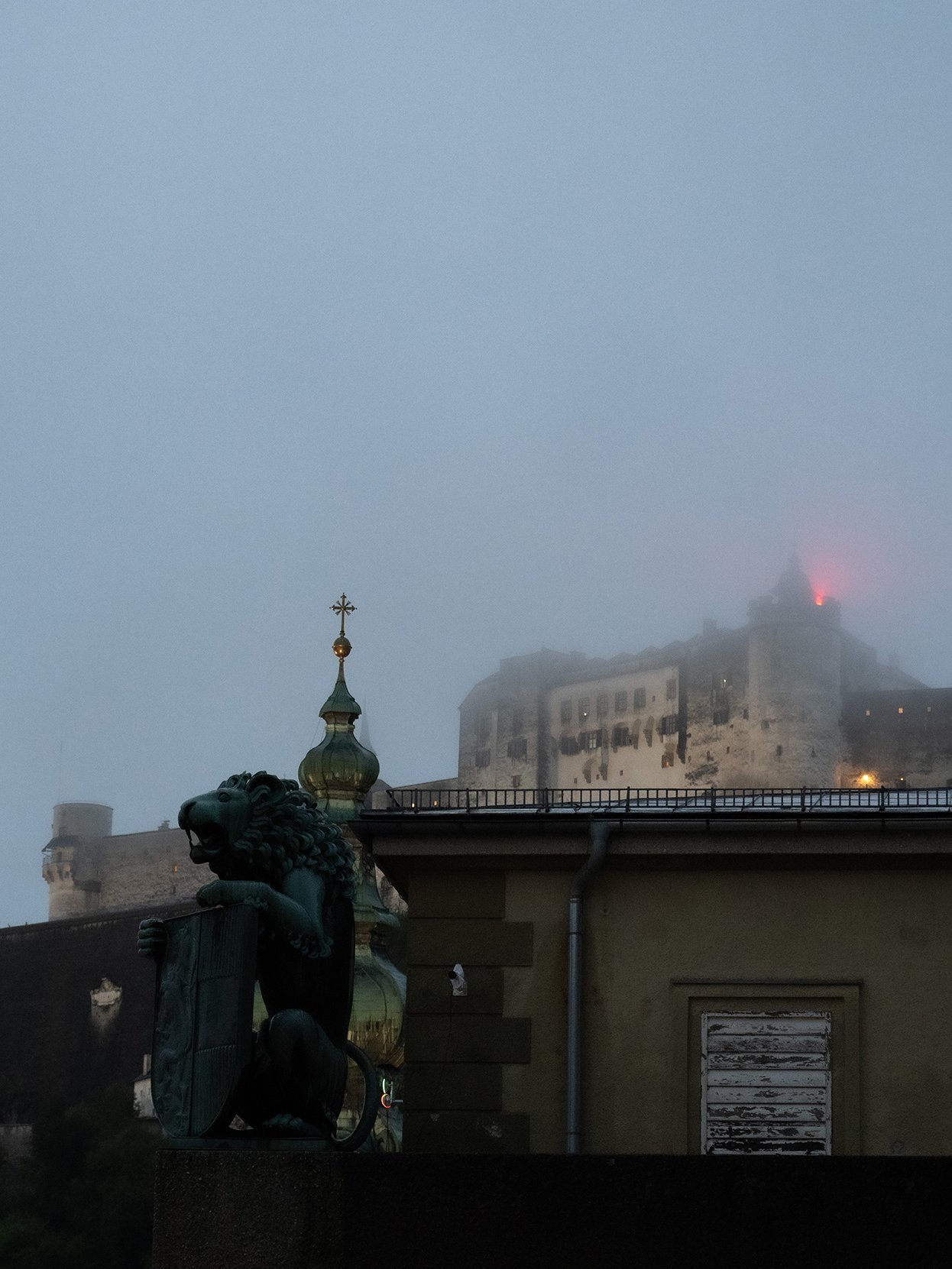 Rainy and foggy view of the city castle