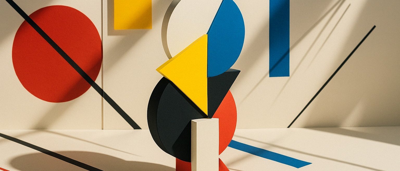 Abstrakte Komposition mit bunten geometrischen Formen - roter Kreis, gelbes Quadrat, blaues Rechteck, schwarze Formen - gestapelt und angeordnet auf einem cremefarbenen Hintergrund mit sich kreuzenden schwarzen und blauen Linien.