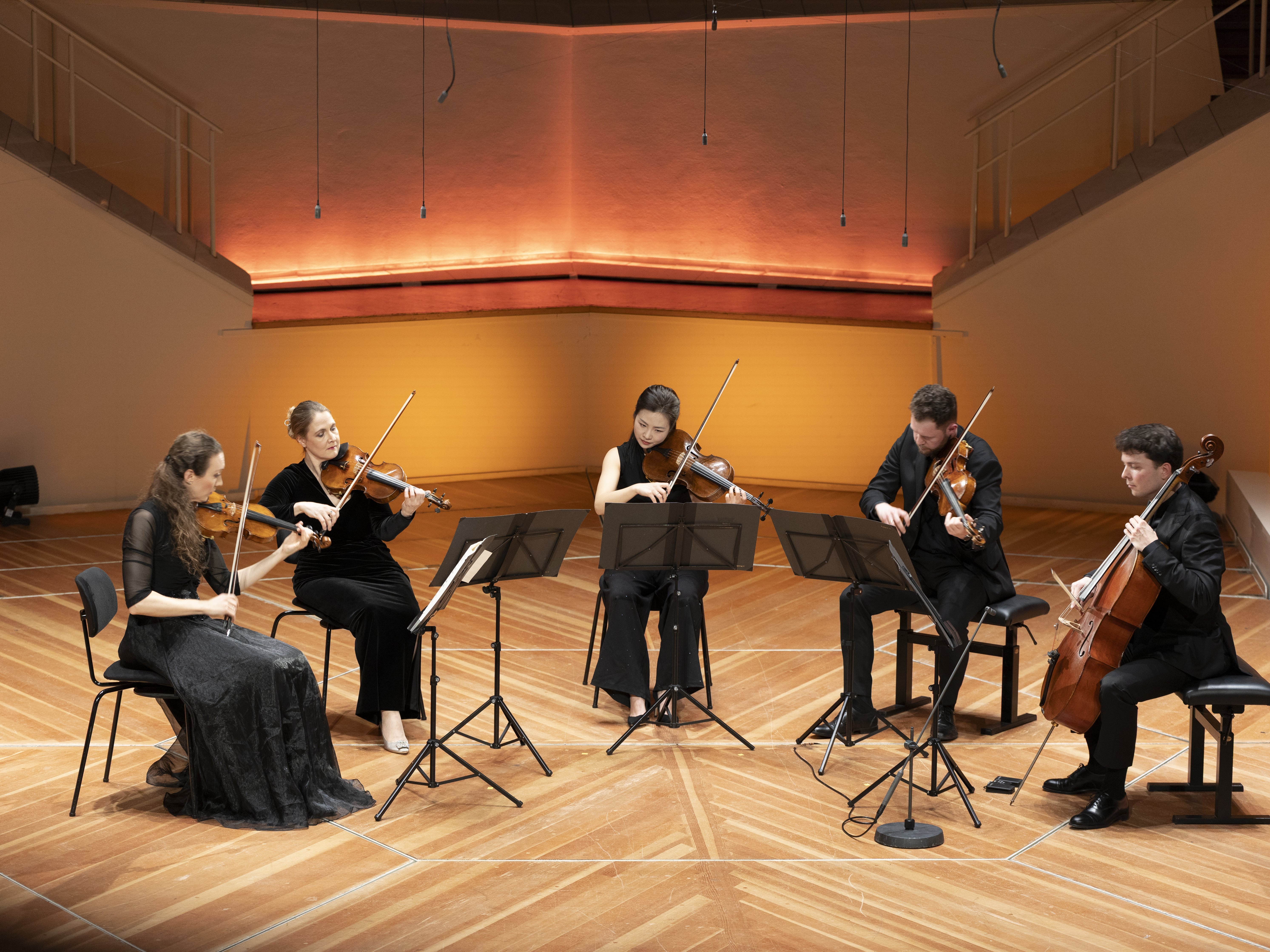 Fünf schwarz gekleidete Musiker spielen auf einer Holzbühne Streichinstrumente - drei Geigen, eine Bratsche und ein Cello - in einem warm beleuchteten Konzertsaal. Vor ihnen sind Notenständer aufgestellt.