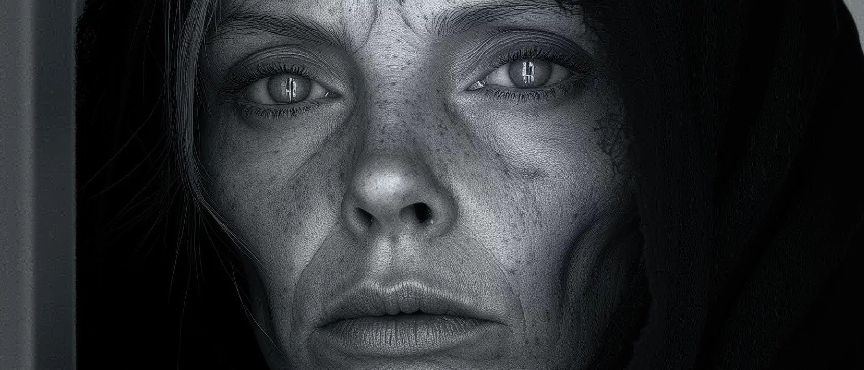 Schwarz-Weiß-Porträt einer Frau mit Sommersprossen und sichtbaren Falten, die eine dunkle Kapuze trägt und mit düsterem, nachdenklichem Blick in die Kamera blickt.