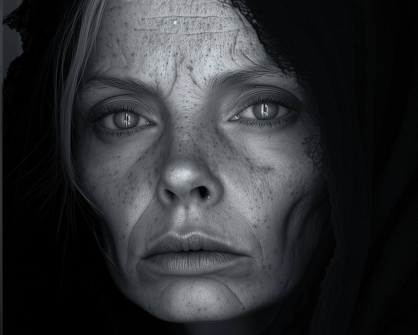 Schwarz-Weiß-Porträt einer Frau mit Sommersprossen und sichtbaren Falten, die eine dunkle Kapuze trägt und mit düsterem, nachdenklichem Blick in die Kamera blickt.