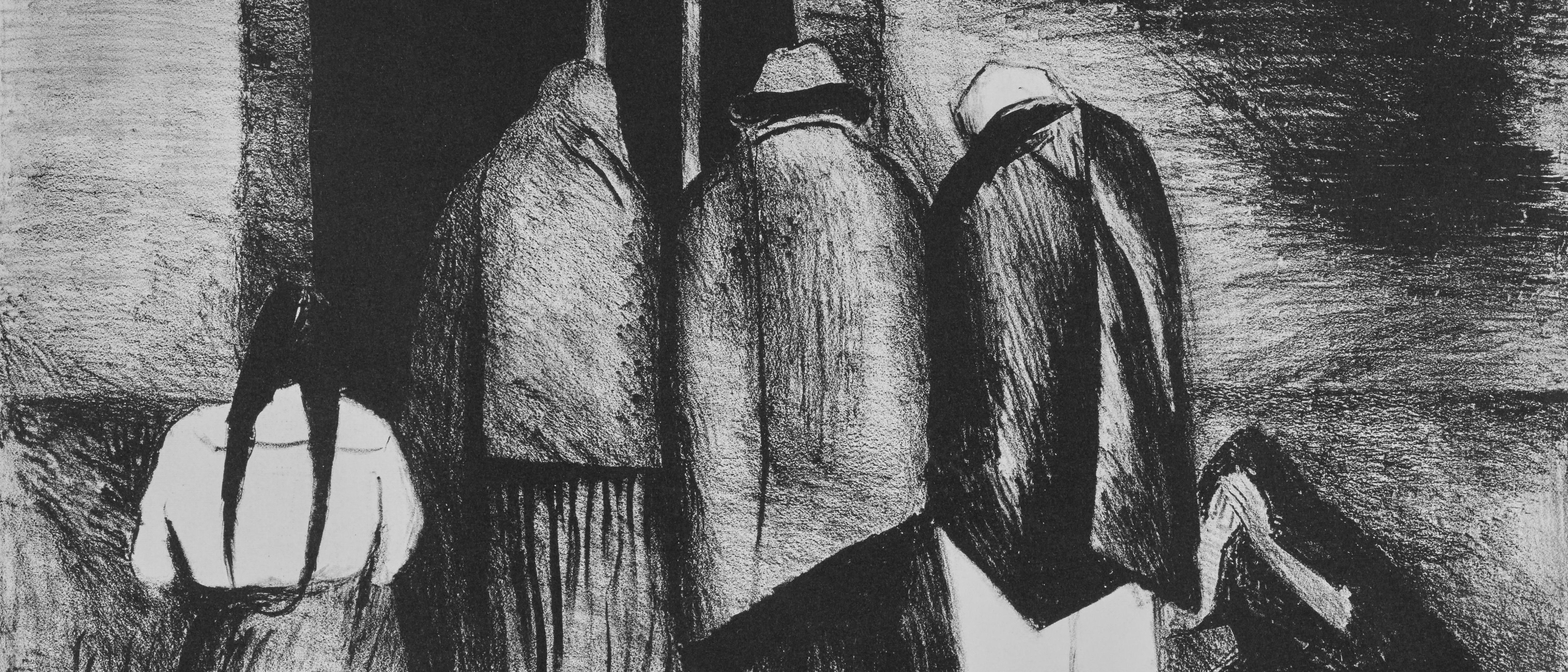 Lithograph depicting men and women kneeling and standing in front of a wall