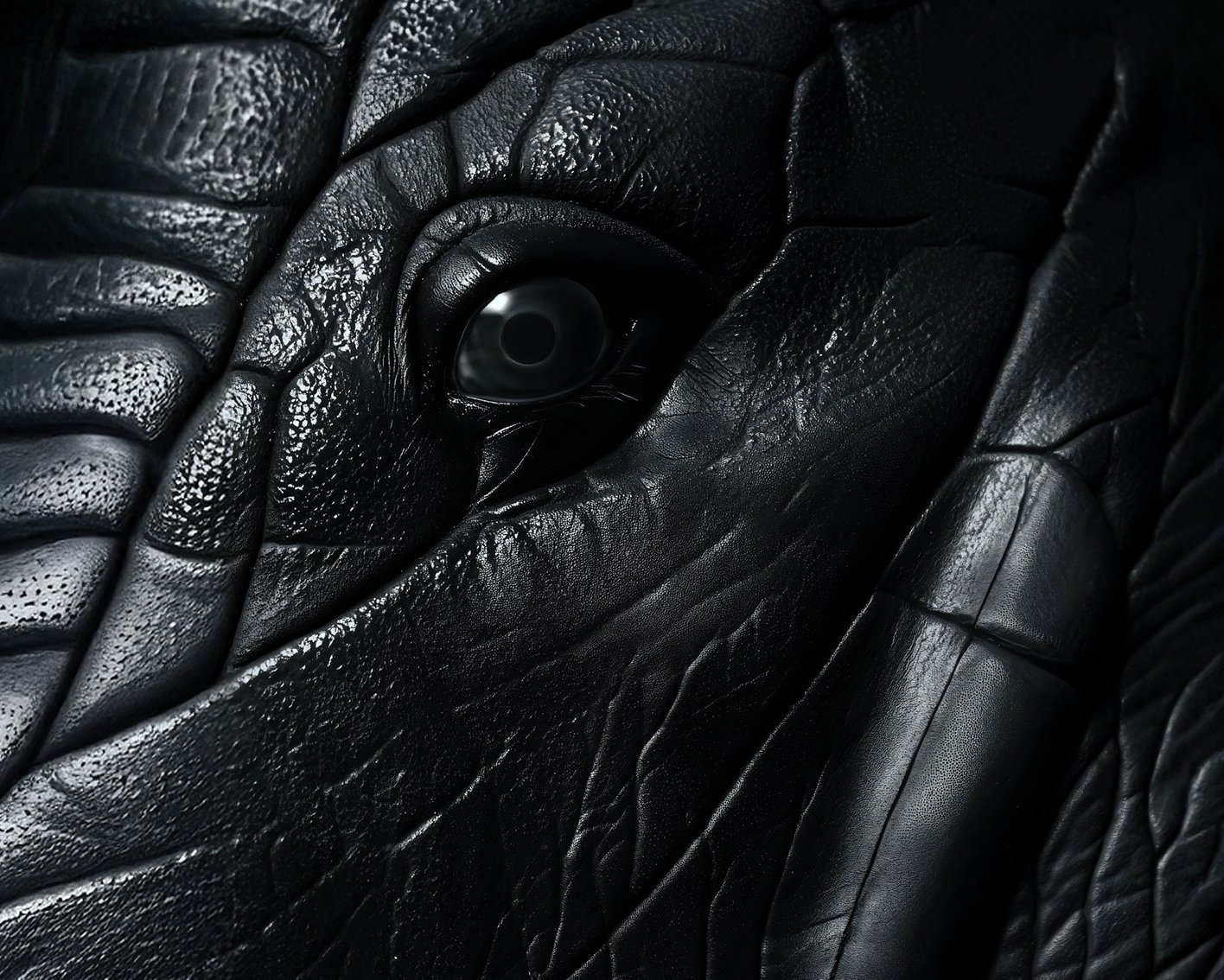 Nahaufnahme einer dunklen, strukturierten Oberfläche mit tiefen Falten und Furchen, in deren Zentrum ein glänzendes Auge steht, das der detaillierten Haut und dem Auge eines Elefanten oder eines ähnlichen großen Tieres ähnelt.