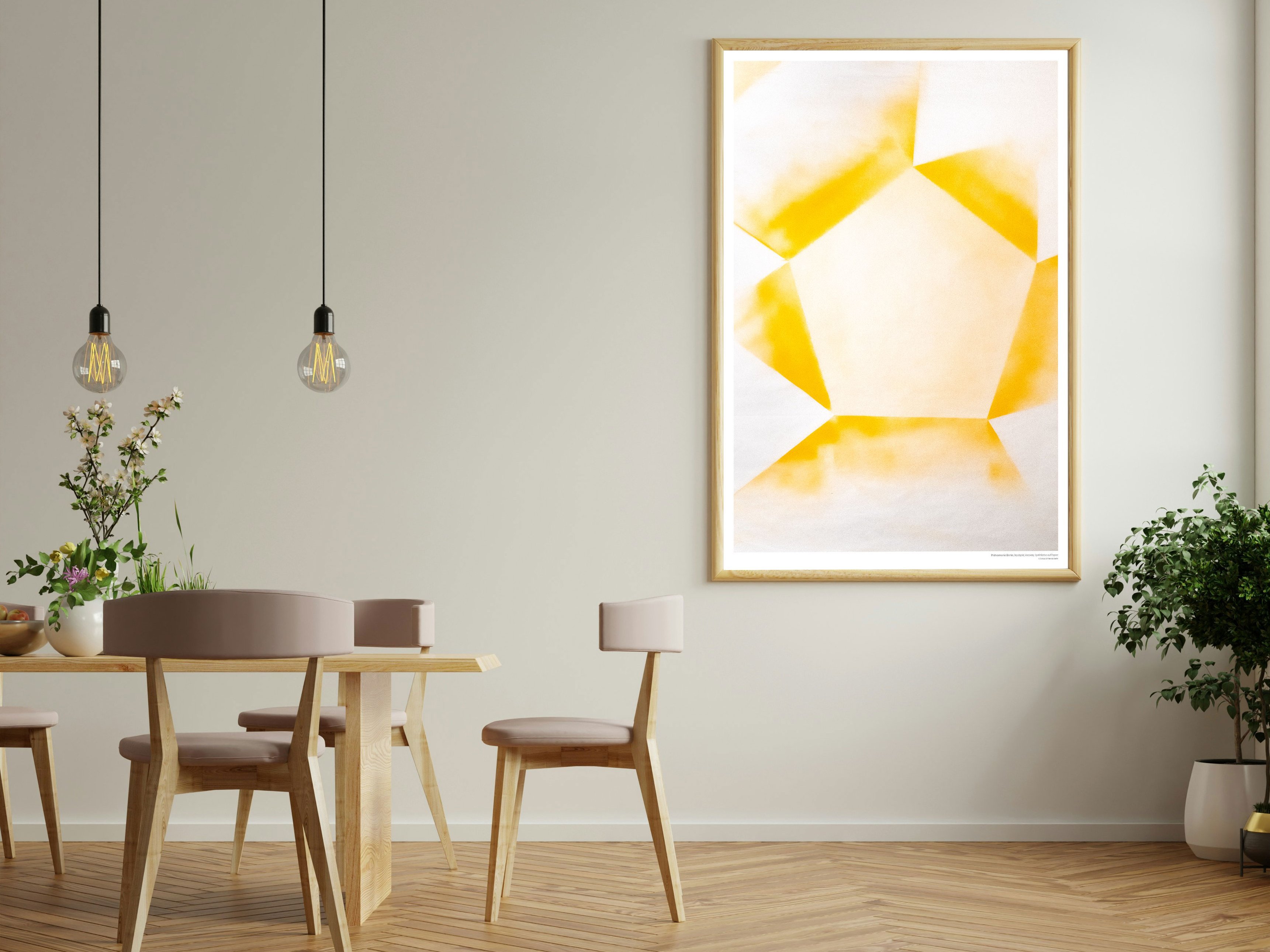 Minimalist dining room with light wood furniture, two hanging pendant lights, a large abstract yellow and white painting on the wall, and potted plants adding greenery to the space.
