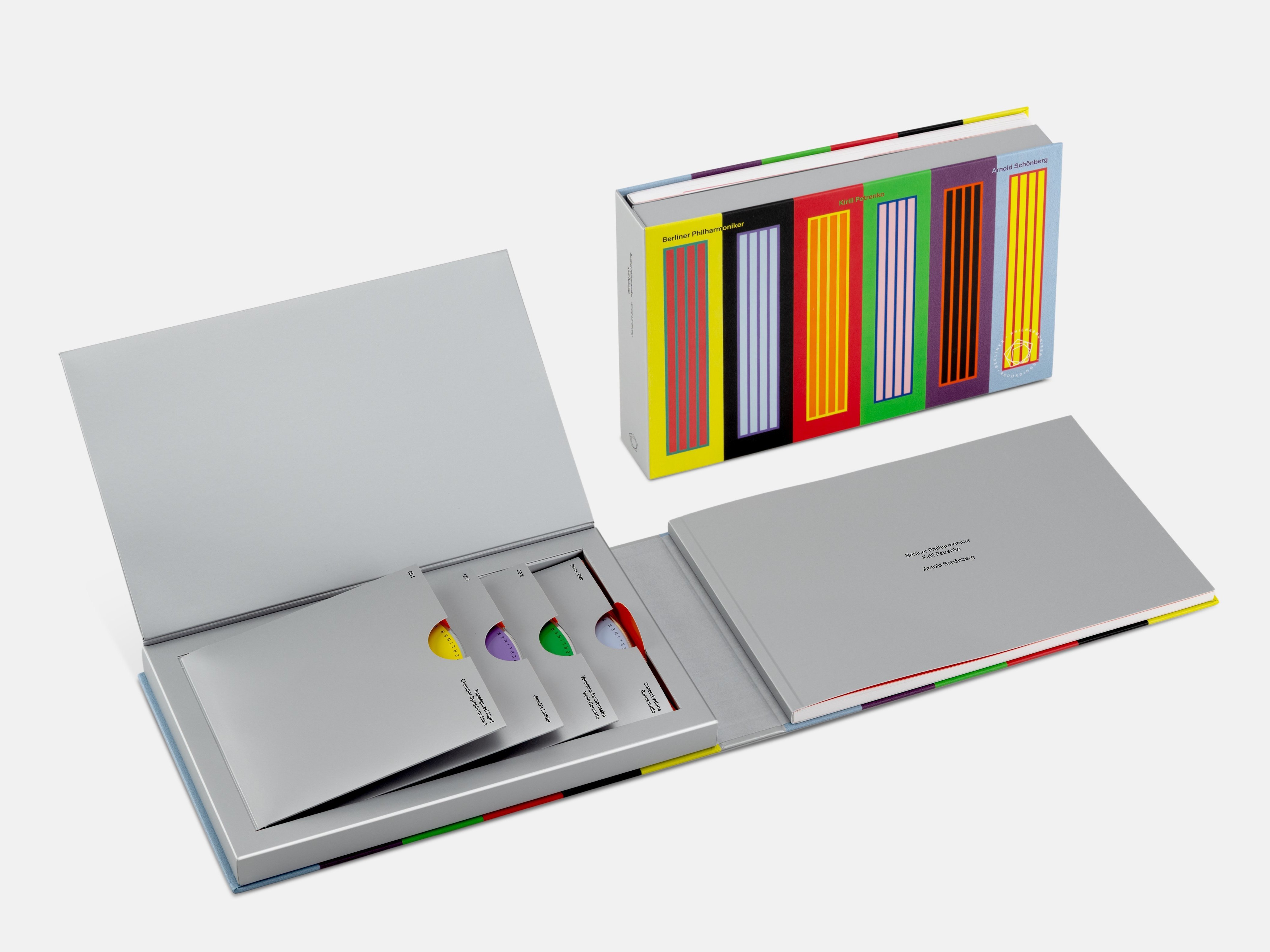 The open edition box with three grey CD tabs. Behind it, you can see the sleeve with colourful stripes.