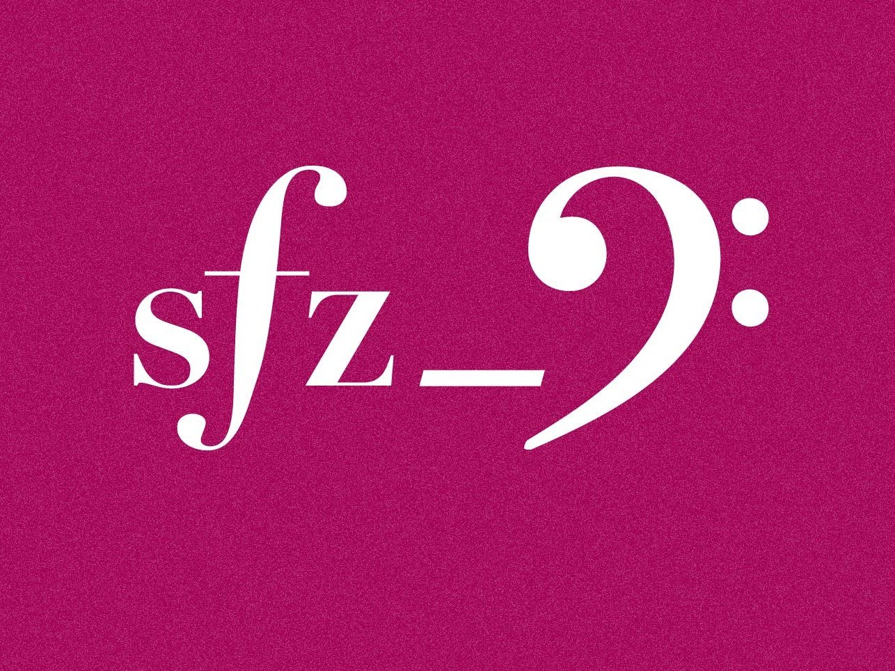 Weiße Notationssymbole, darunter ein sfz und ein Bassschlüssel, werden auf einem soliden magentafarbenen Hintergrund angezeigt. Die Symbole sind zentriert und heben sich von der leuchtenden Farbe ab.
