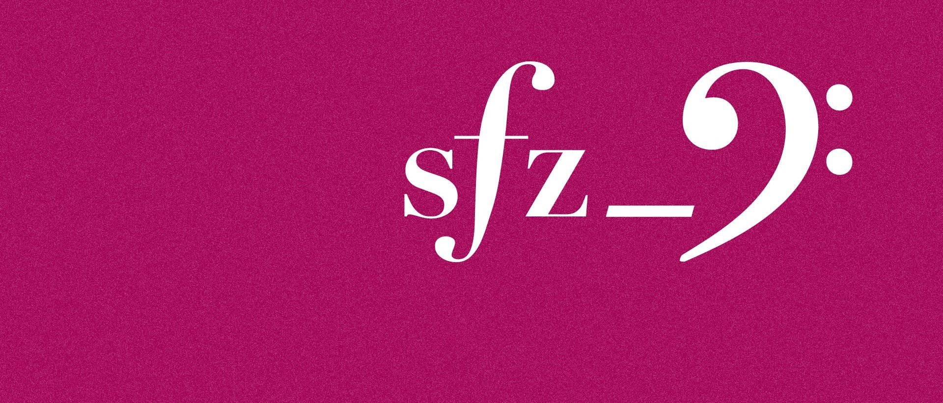 Weiße Notationssymbole, darunter ein sfz und ein Bassschlüssel, werden auf einem soliden magentafarbenen Hintergrund angezeigt. Die Symbole sind zentriert und heben sich von der leuchtenden Farbe ab.