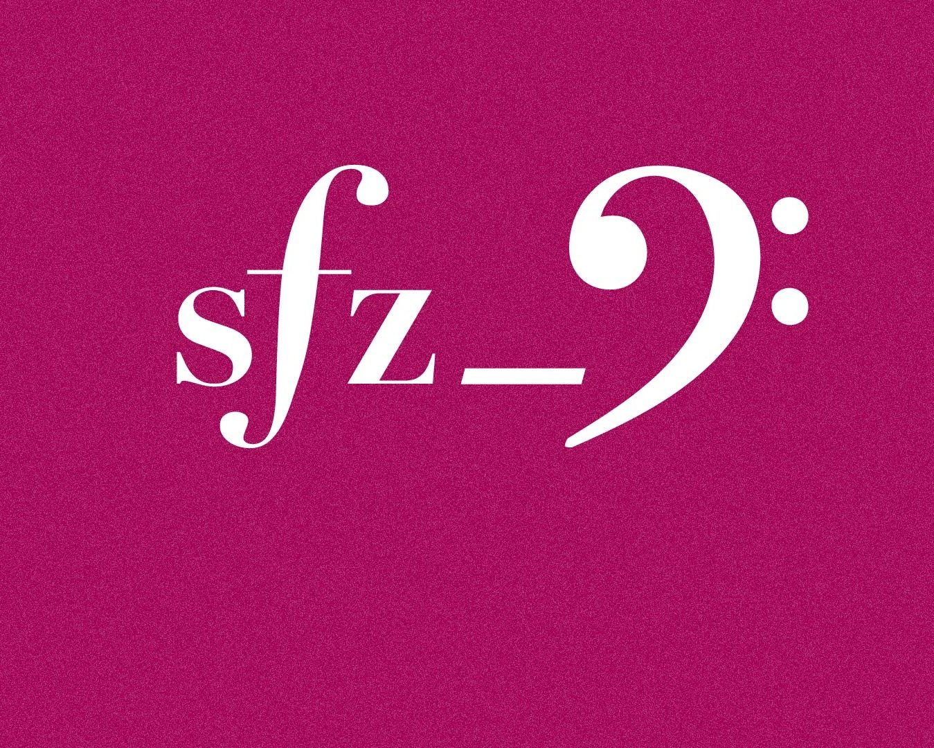 Weiße Notationssymbole, darunter ein sfz und ein Bassschlüssel, werden auf einem soliden magentafarbenen Hintergrund angezeigt. Die Symbole sind zentriert und heben sich von der leuchtenden Farbe ab.