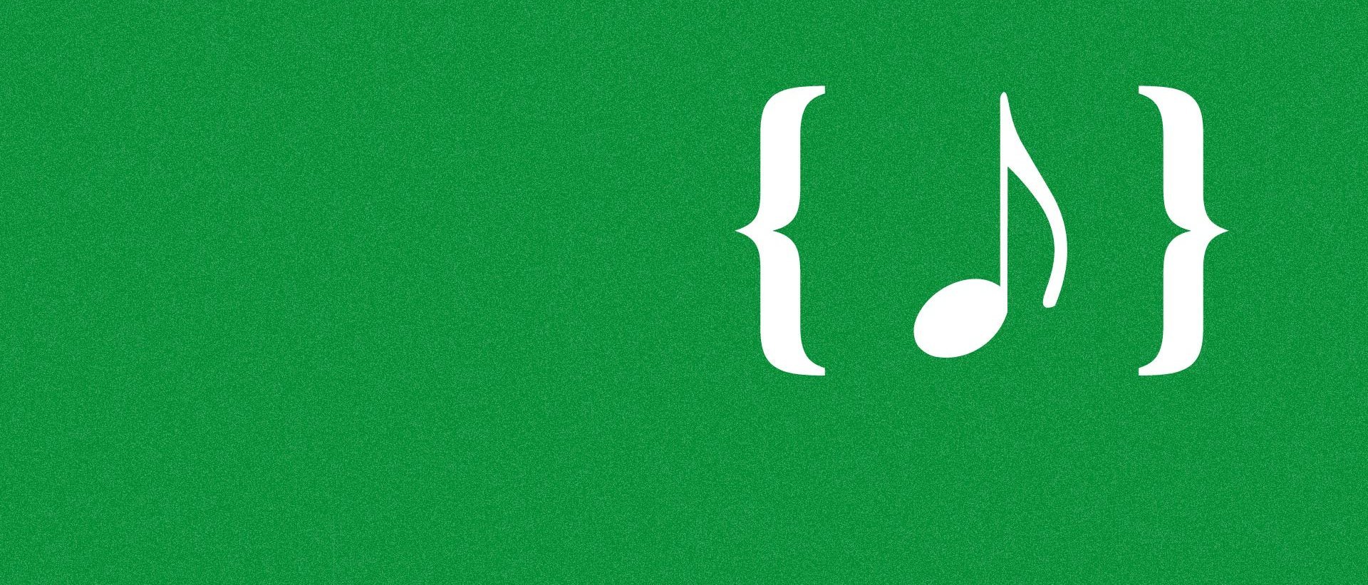 White curly brackets and a musical note are centered on a green background, with ample empty space on the left side of the image.