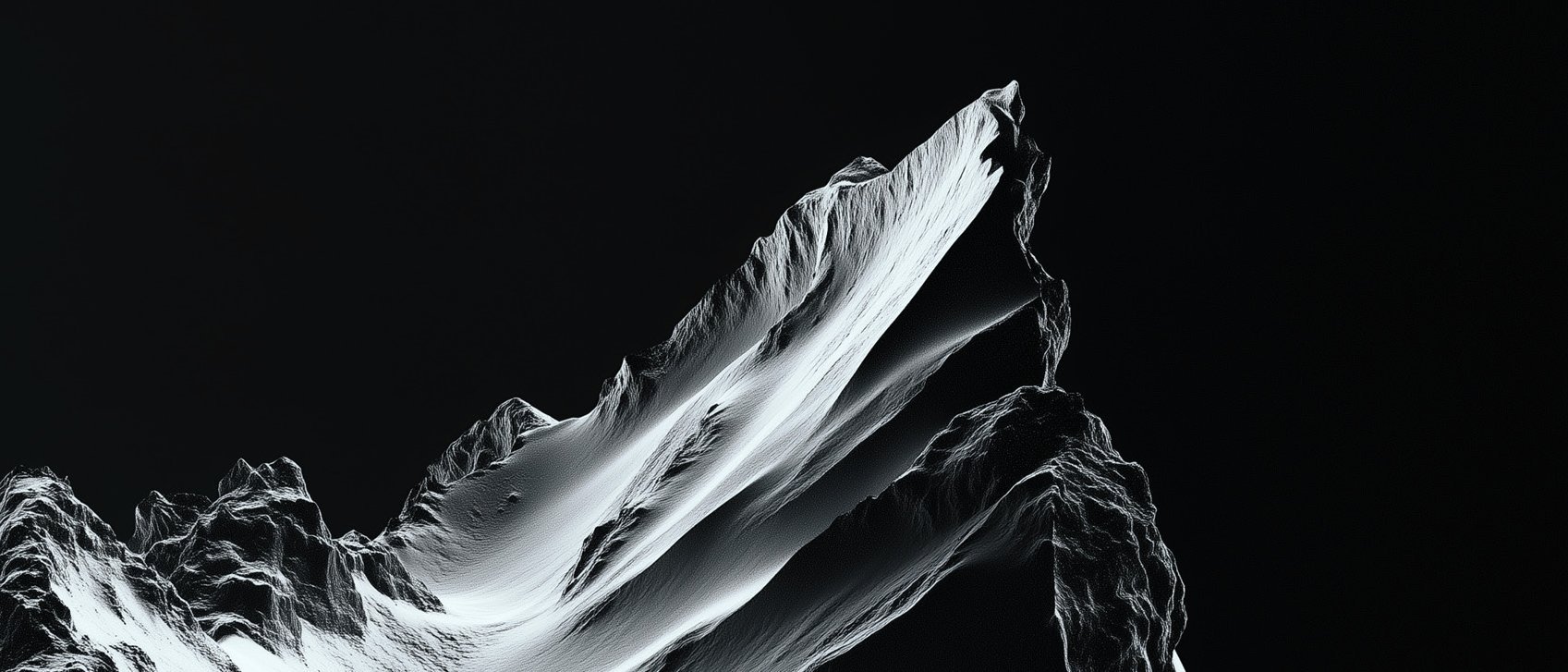Rugged, snow-covered mountain peaks rise steeply against a dark, black background, with strong shadows emphasising the dramatic and rugged nature of the slopes.