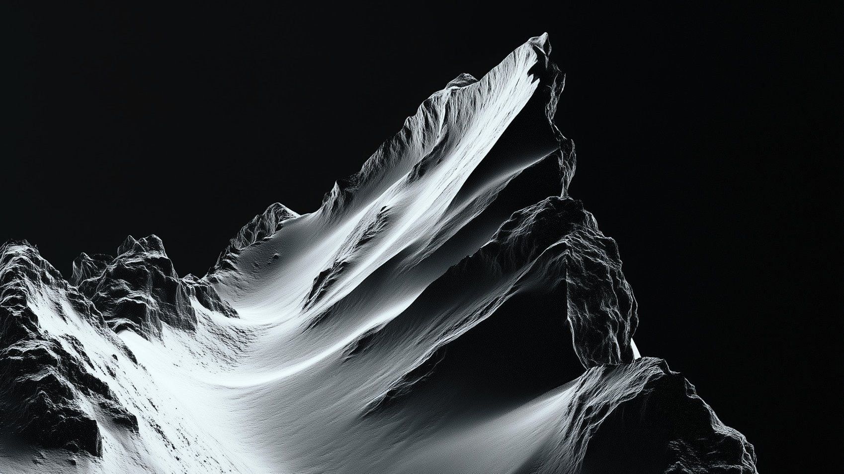Rugged, snow-covered mountain peaks rise steeply against a dark, black background, with strong shadows emphasising the dramatic and rugged nature of the slopes.