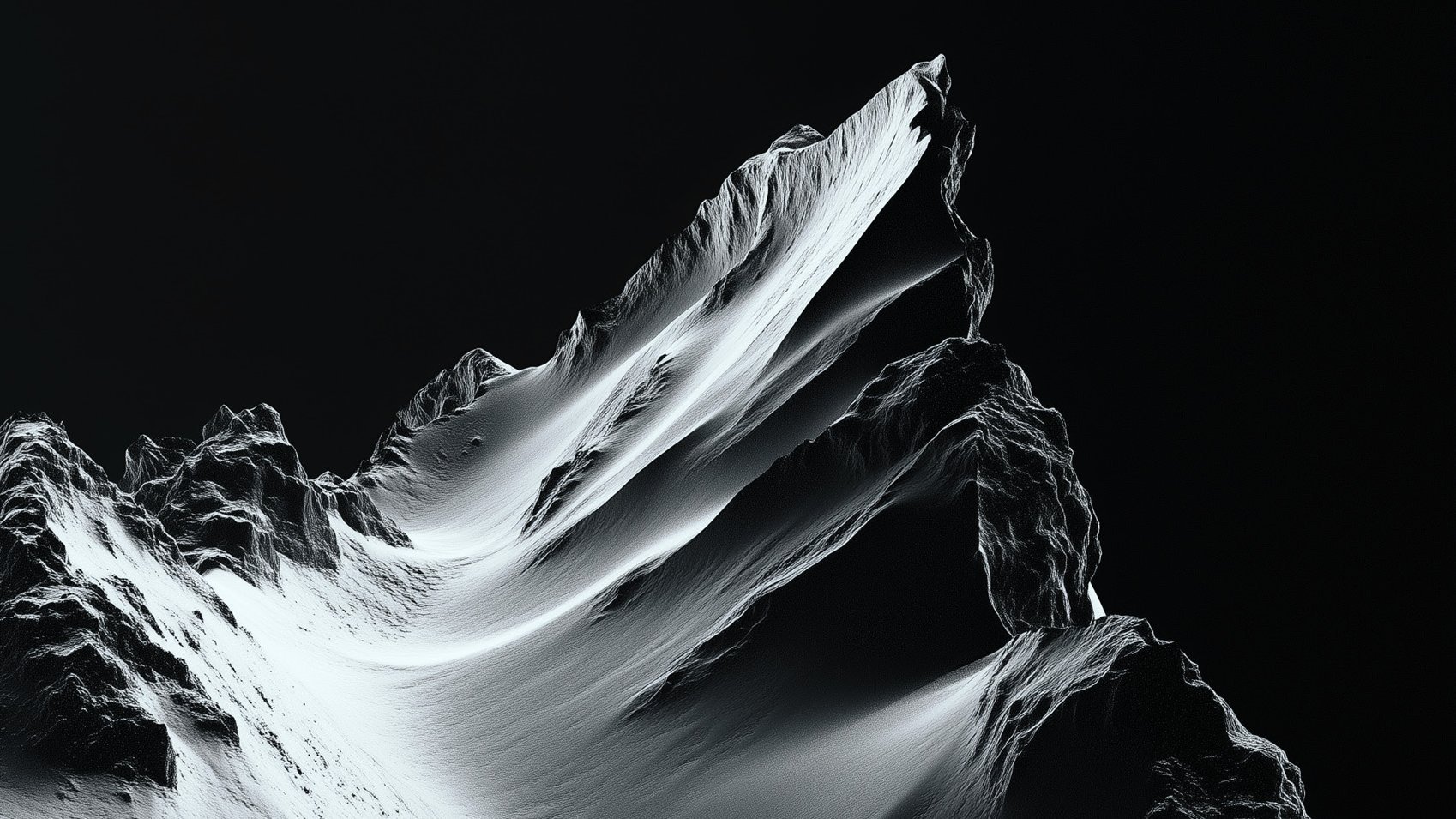 Schroffe, schneebedeckte Berggipfel erheben sich steil vor einem dunklen, schwarzen Hintergrund, wobei starke Schatten die dramatische und raue Beschaffenheit der Hänge betonen.