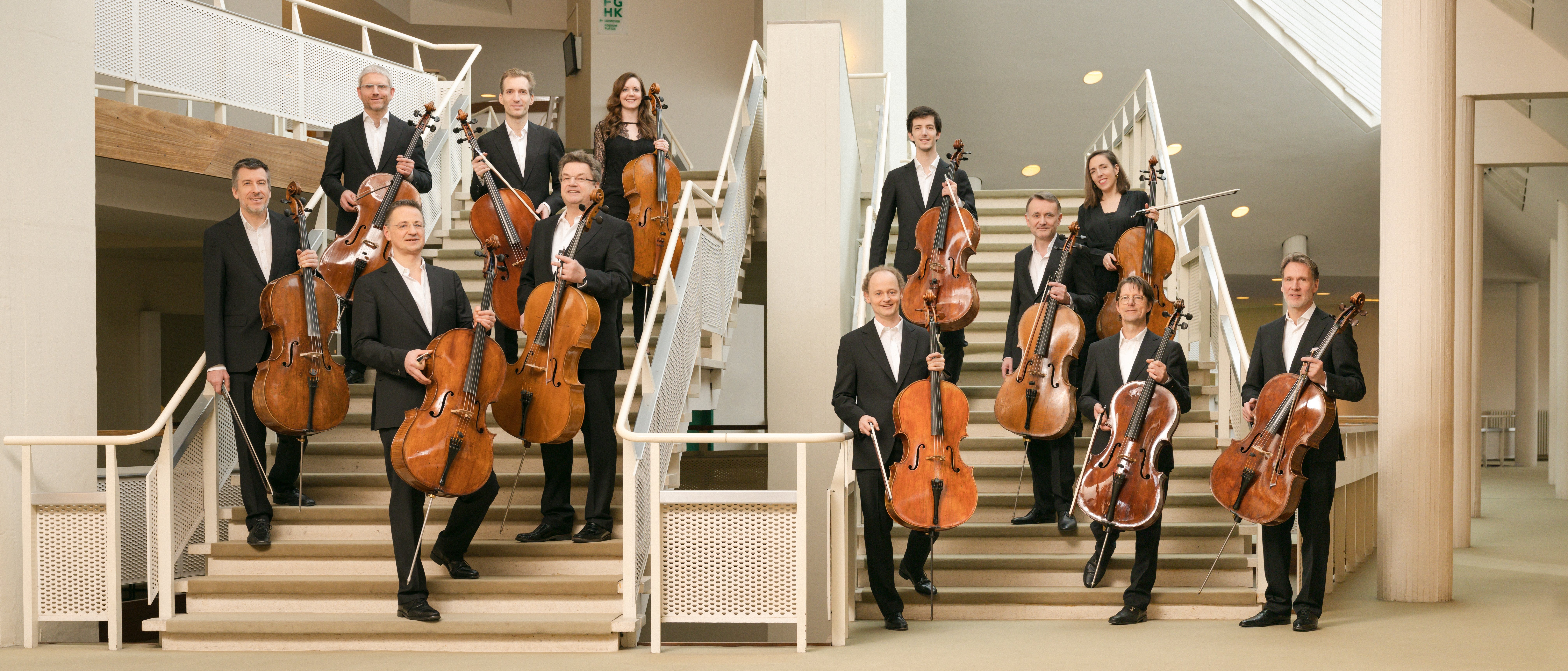 Die zwölf Cellisten stehen in schwarzer Konzertkleidung auf der Treppe in der Philharmonie mit ihren Instrumenten in der Hand.