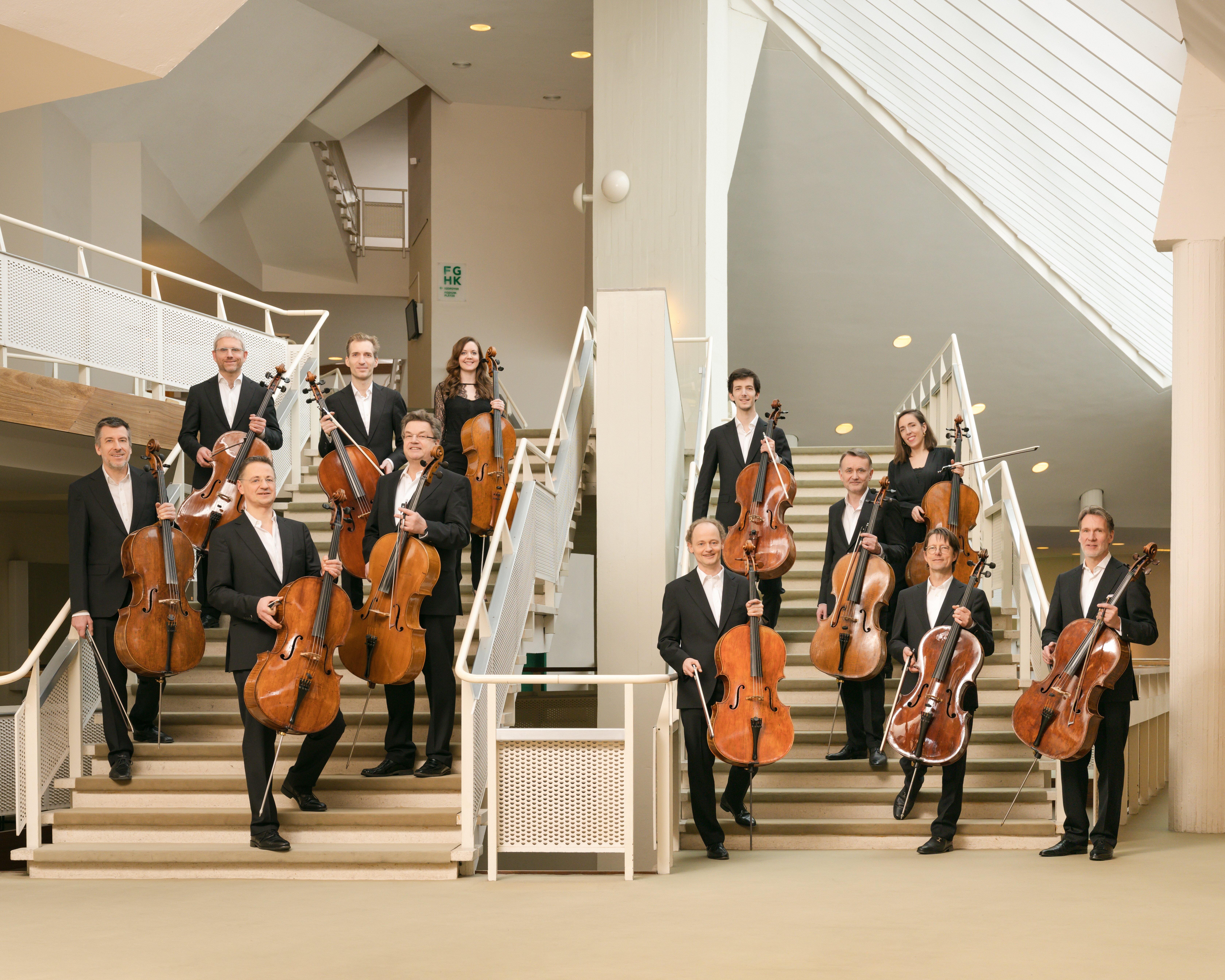 Die zwölf Cellisten stehen in schwarzer Konzertkleidung auf der Treppe in der Philharmonie mit ihren Instrumenten in der Hand.