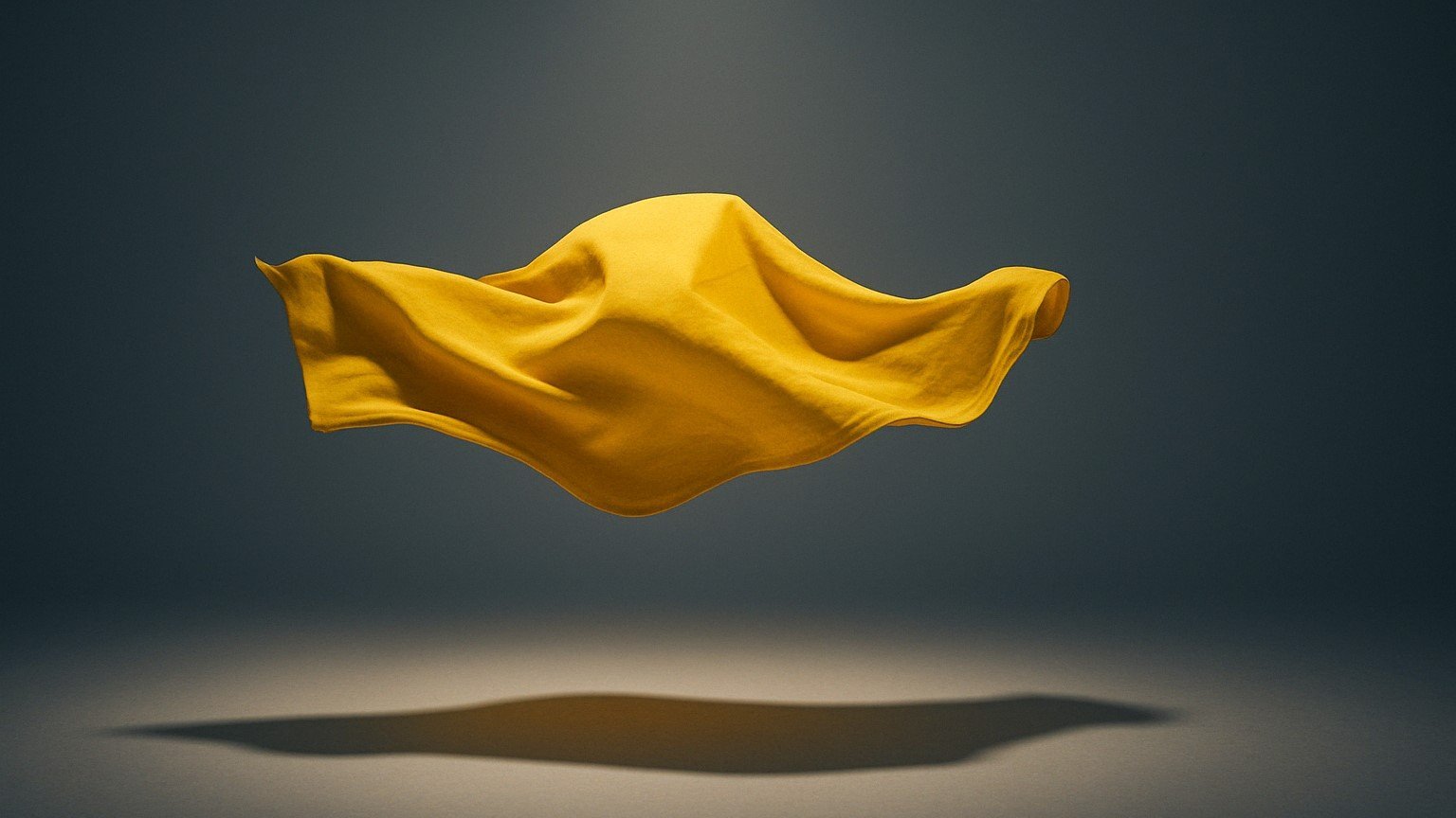 Ein gelbes Tuch scheint in der Luft vor einem dunklen, schwach beleuchteten Hintergrund zu schweben und einen Schatten auf den Boden zu werfen. Der Stoff kräuselt sich, als würde er von einer leichten Brise erfasst.