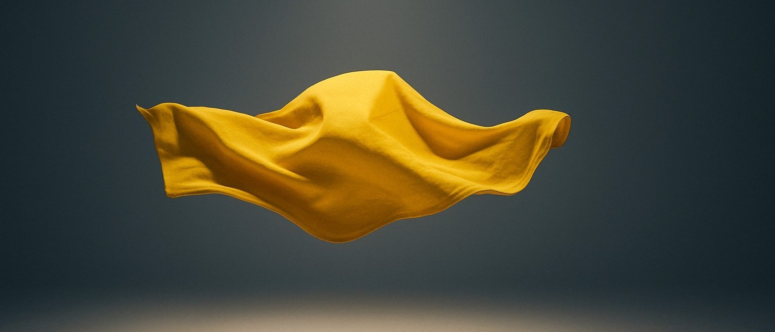 A yellow cloth floats midair against a dark background, softly lit from above, casting a shadow on the ground below.