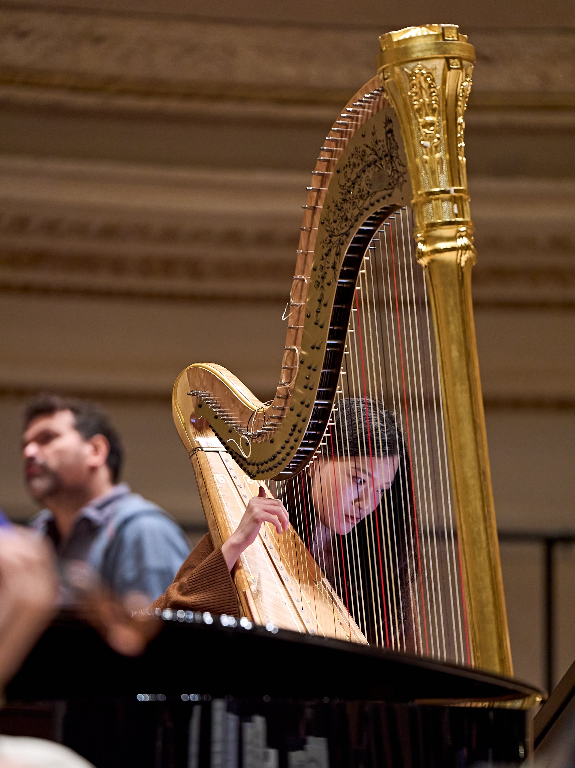 Ein Musiker, der auf der Bühne eine große, reich verzierte goldene Konzertharfe spielt.