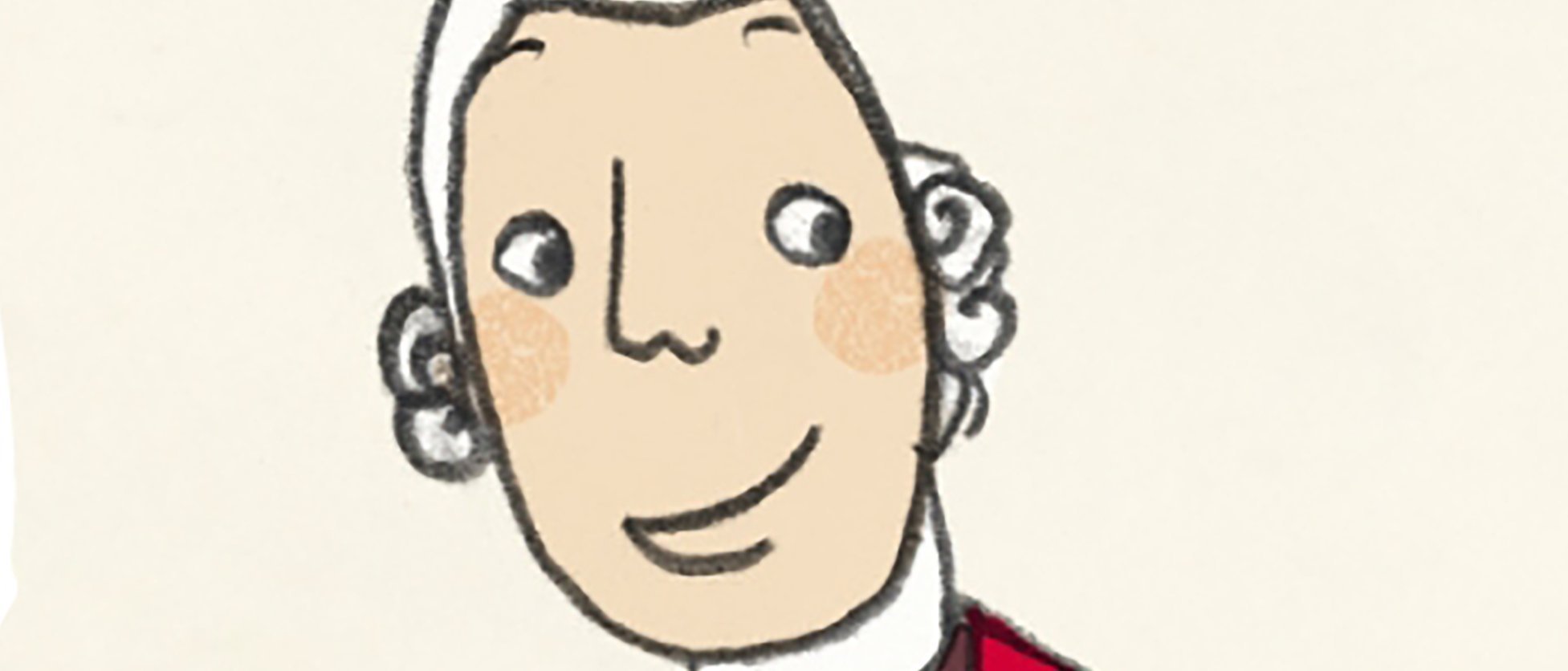 Karikatur eines Mannes mit weißem, lockigem Haar, der einen roten Mantel, eine braune Weste und eine weiße Krawatte trägt und lächelnd mit einer Hand auf der Hüfte vor einem schlichten Hintergrund steht.