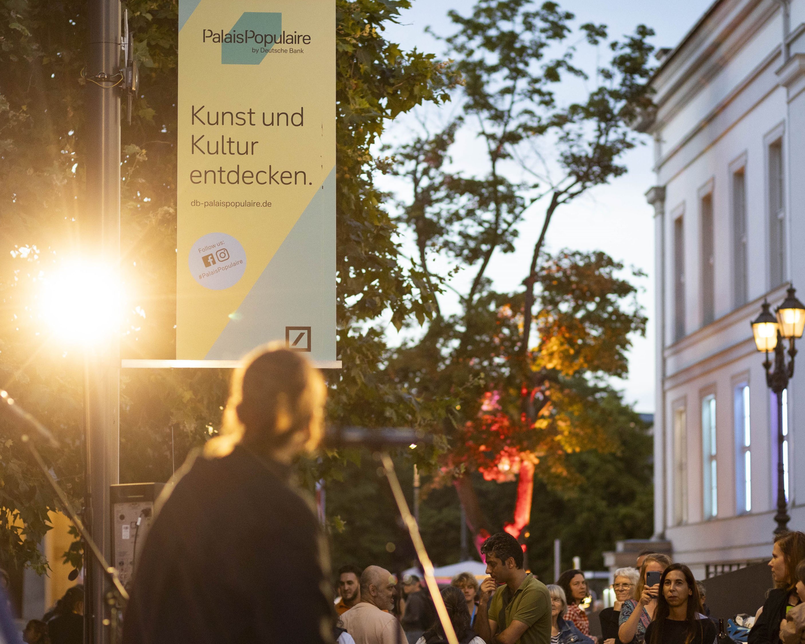 Scheinwerfer und Bäume, eine Musikerin von hinten, Publikum