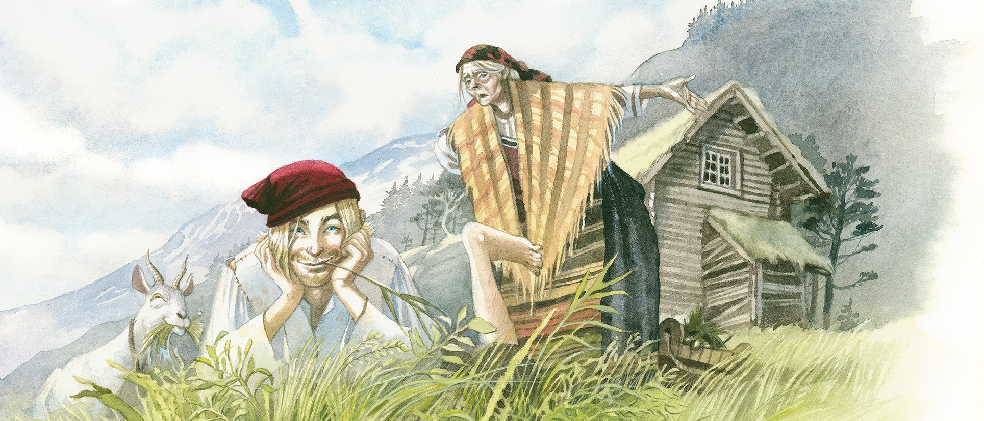 Zwei Menschen mit Hüten sitzen im hohen Gras in der Nähe einer Ziege und eines Holzhauses. Einer von ihnen zeigt auf eine pferdeförmige Wolke am Himmel über den Bergen. Die Szene wirkt friedlich und ländlich.