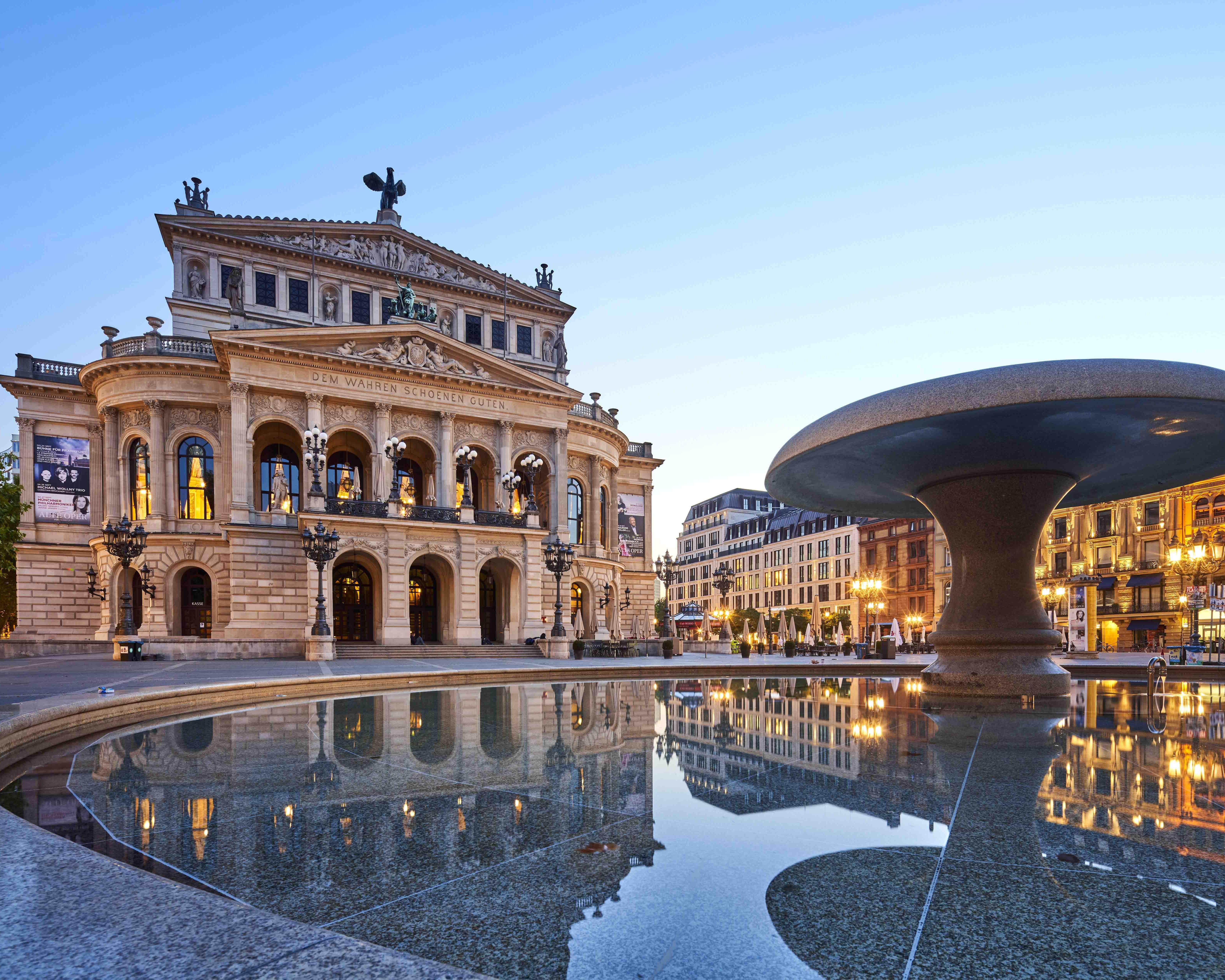 Facade of the Frankfurt Opera House at sunset