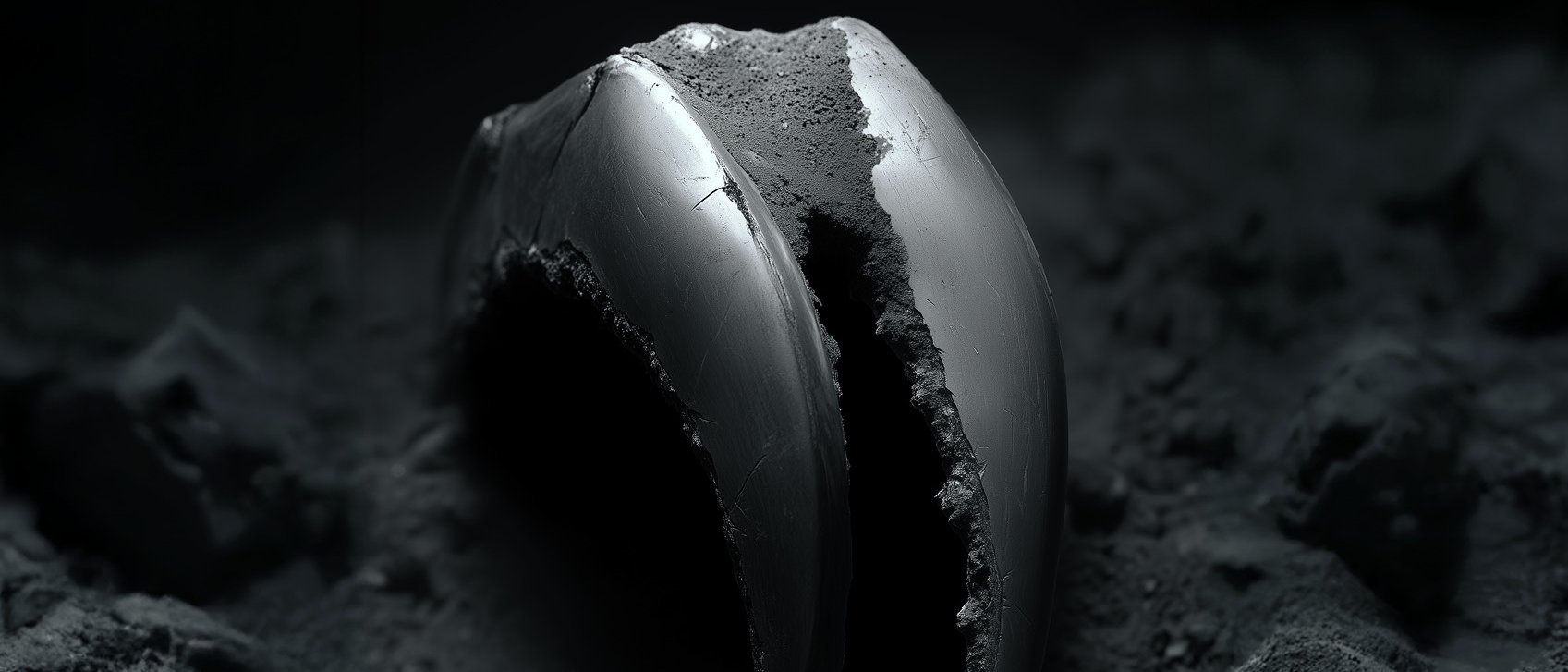 Eine große, metallische Klaue, die teilweise im dunklen, staubigen Boden vergraben ist, mit rauen Kanten und einer rissigen Oberfläche, die dramatisch vor einem schattigen, strukturierten Hintergrund beleuchtet wird.