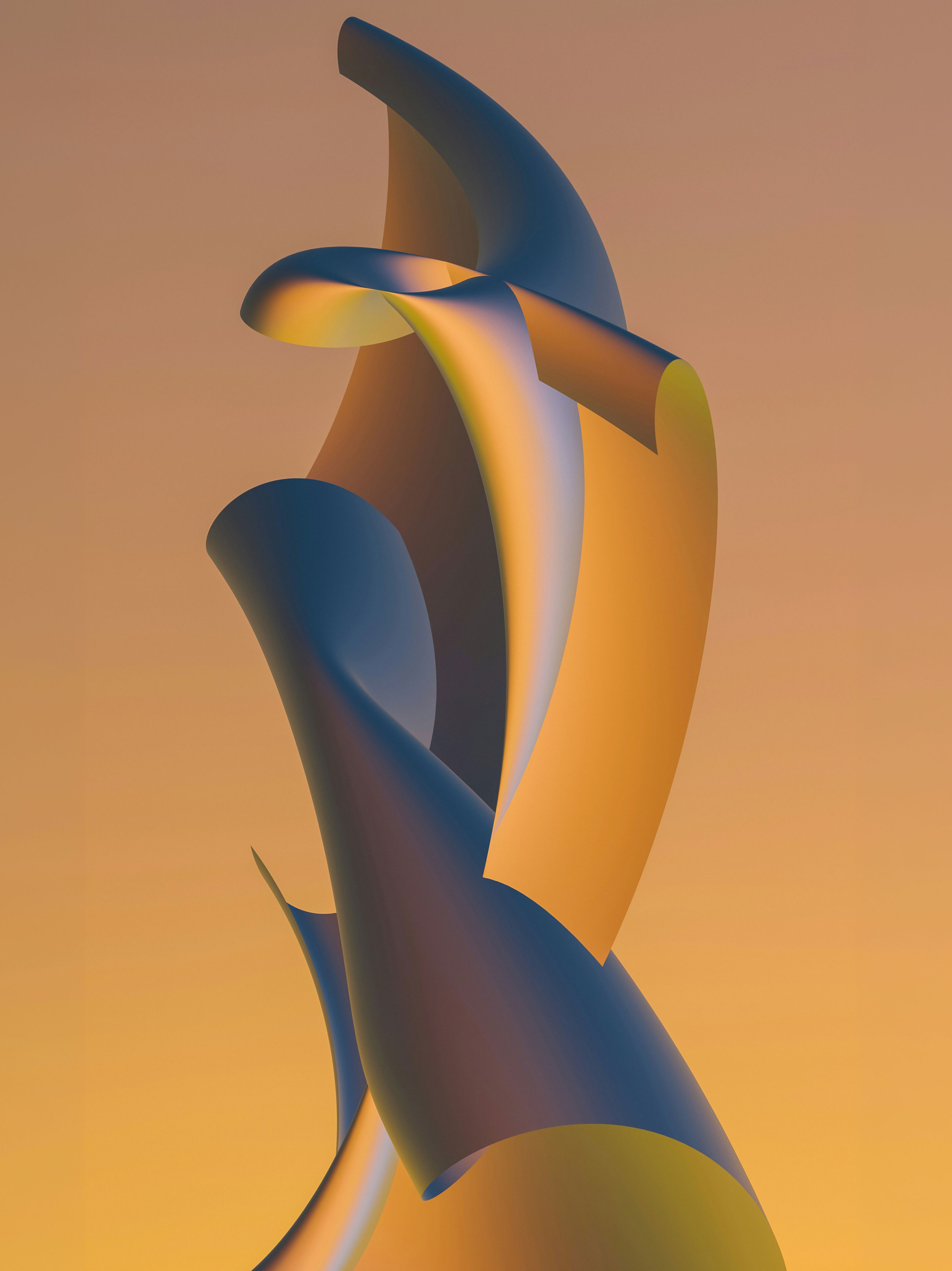 Abstraktes digitales Kunstwerk mit geschwungenen, fließenden Formen in Orange-, Blau- und Gelbtönen vor einem sanften Farbverlauf von Pfirsich bis Goldgelb. Die Formen winden sich anmutig nach oben.