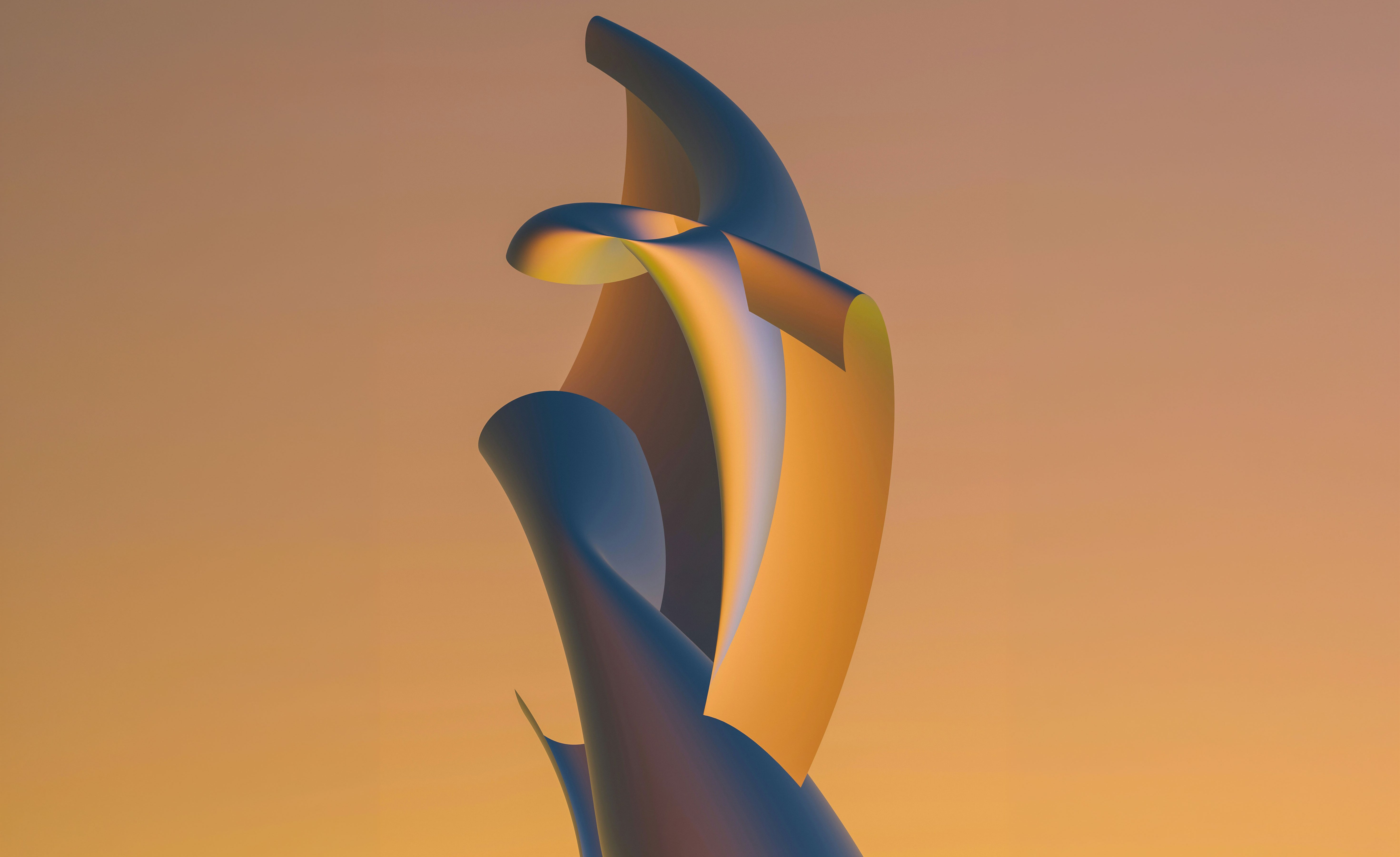 Abstract digital art of curved, ribbon-like shapes in blue and gold tones, twisting upward against a warm gradient background from yellow to brown, creating a sense of smooth, flowing motion.