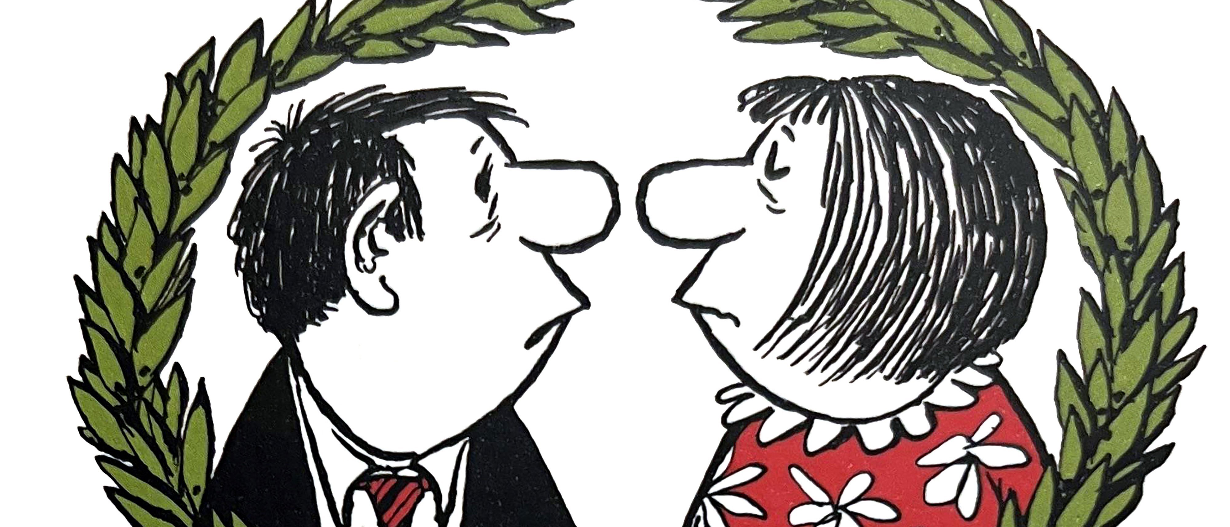 Karikatur eines Mannes im Anzug und einer Frau in einem roten Blumenkleid, die sich gegenüberstehen und von einem grünen Lorbeerkranz umgeben sind.