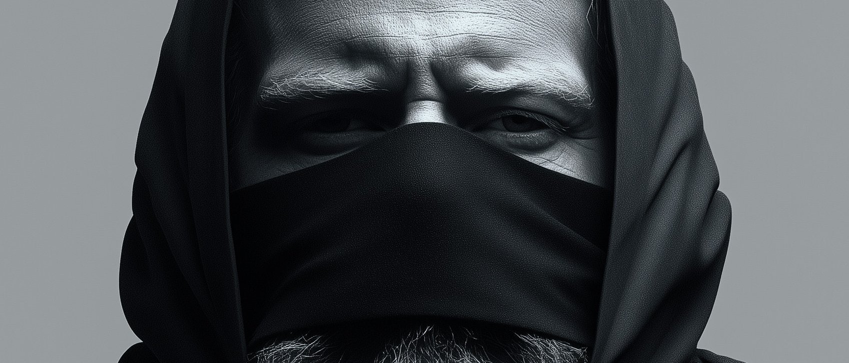 Graustufenporträt einer älteren Person mit Bart, die eine Kapuze und ein dunkles Tuch trägt, das die untere Hälfte des Gesichts bedeckt, so dass nur die Augen und die Stirn zu sehen sind.