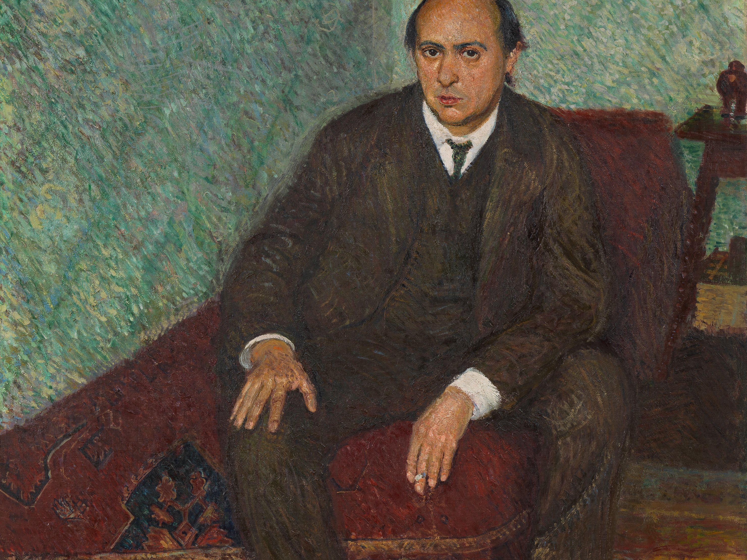 A painting of Schoenberg, sitting on a chair.